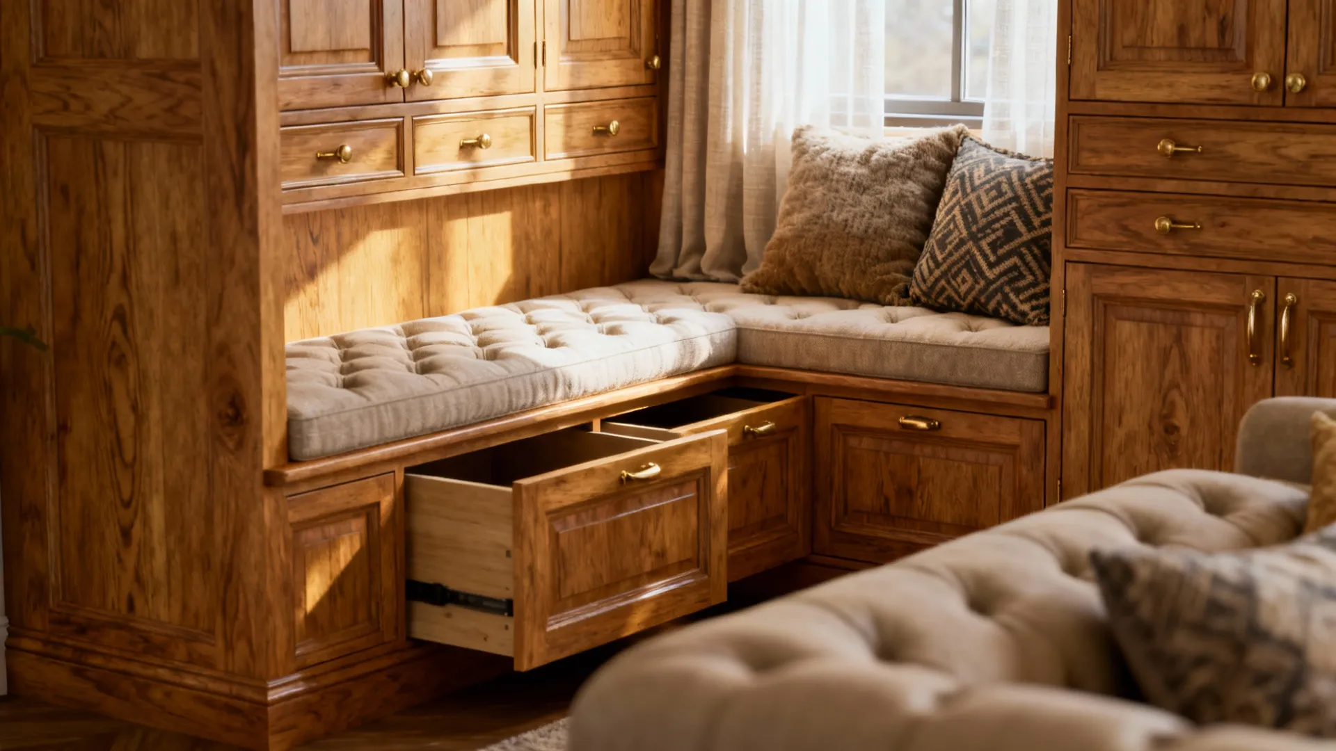 Built-in storage and cushioned window bench integrated into an L-shaped living room