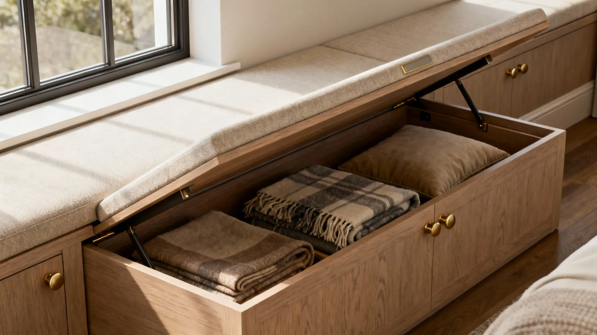 Built-in window bench with lift-up storage showing folded throws and cushions in a tiny living room