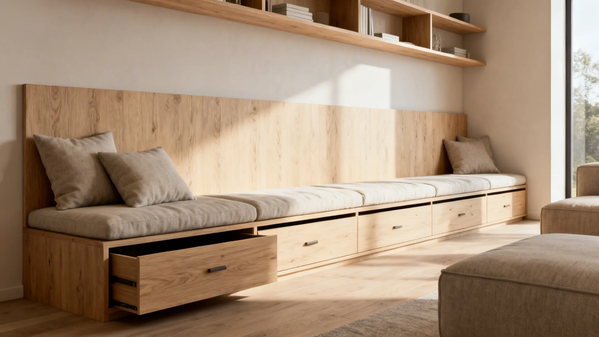 Minimalist built-in bench with cushions and hidden storage along a living room wall.