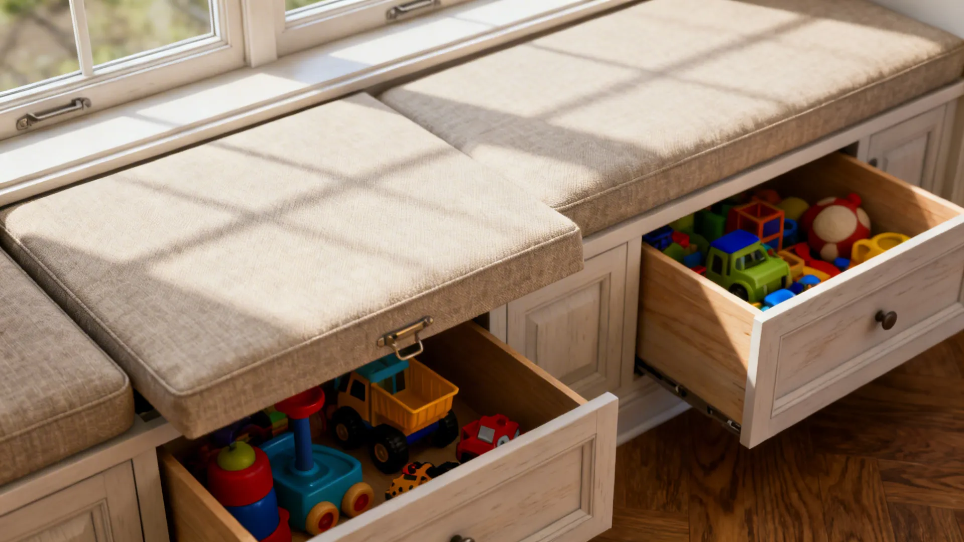 Close-up of a window bench with lift-up storage lids and a neutral cushion