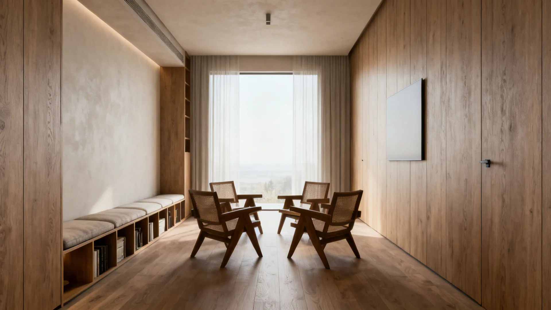 Minimalist sunlit room with wooden wall panels four wooden chairs and long built in storage bench