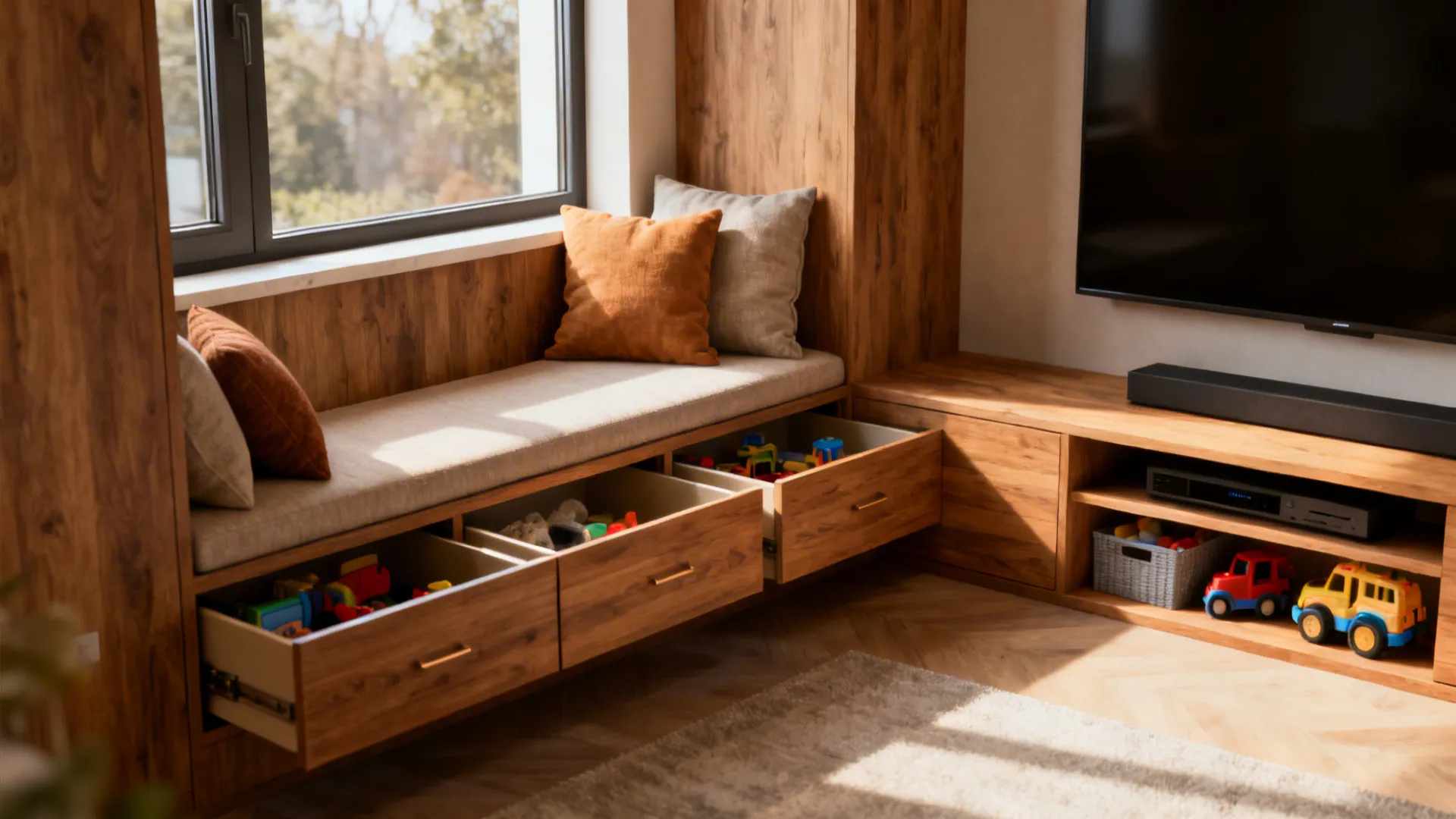 Built-in bench with under-seat storage and cushions beneath a window, doubling as a low media console