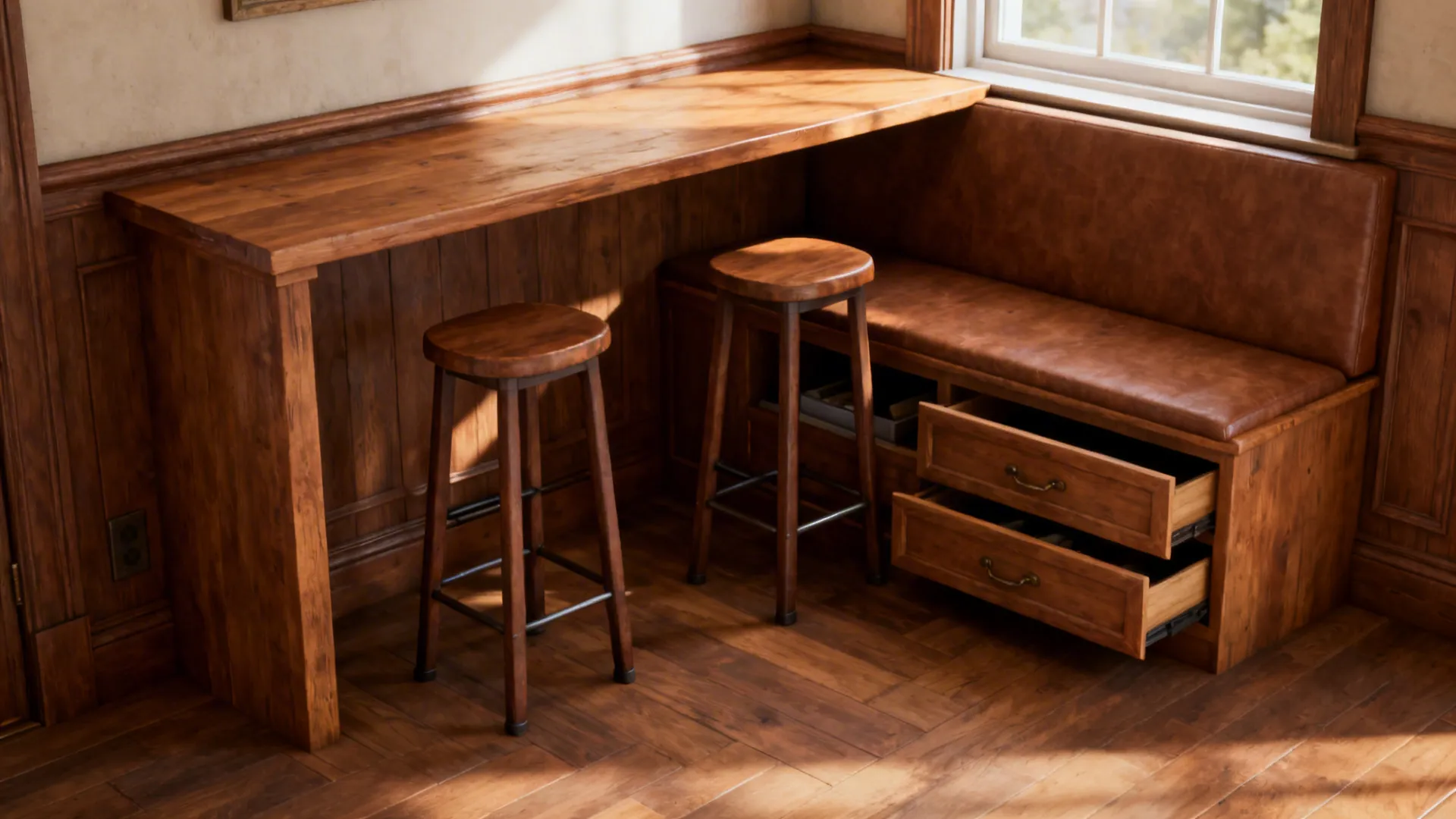 Wooden corner desk with leather bench and storage drawers plus two round wooden bar stools