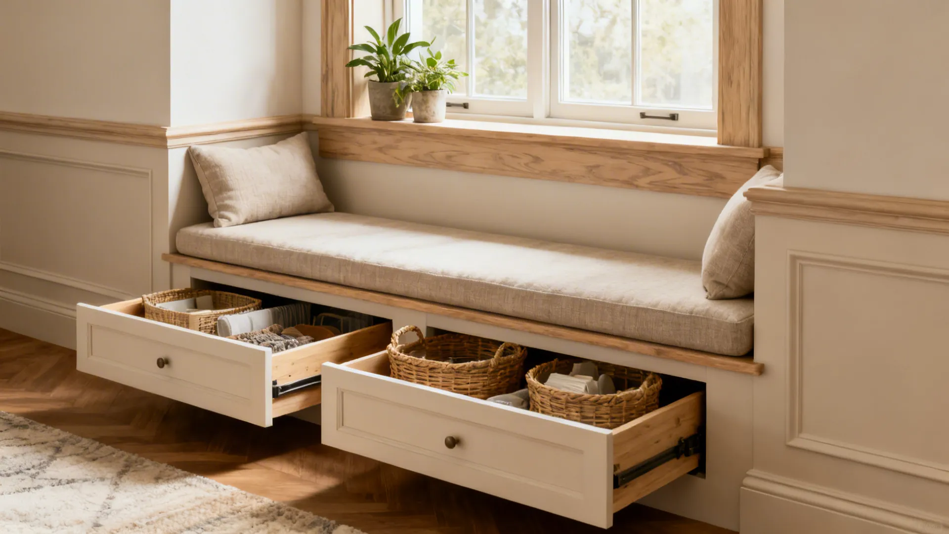 Built-in window bench with cushions and under-seat storage baskets.