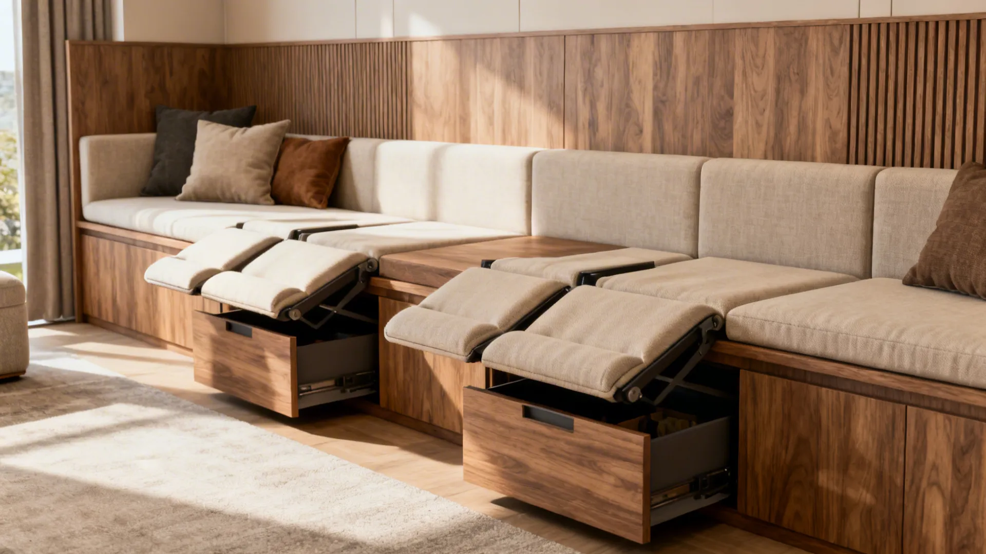 Built-in wall-to-wall bench seating with integrated recline modules and removable cushion covers in a compact family room.