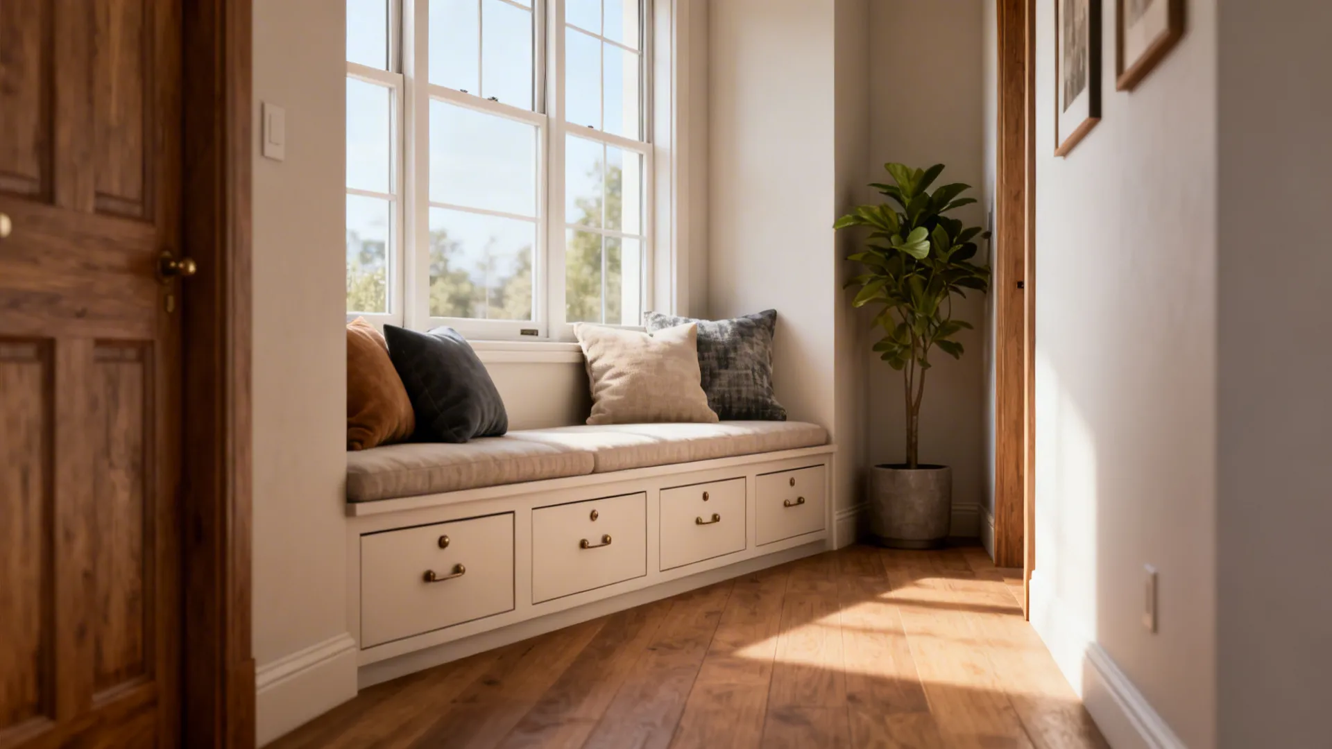 Built-in bench seating under a window with storage drawers and cushions in a compact living room