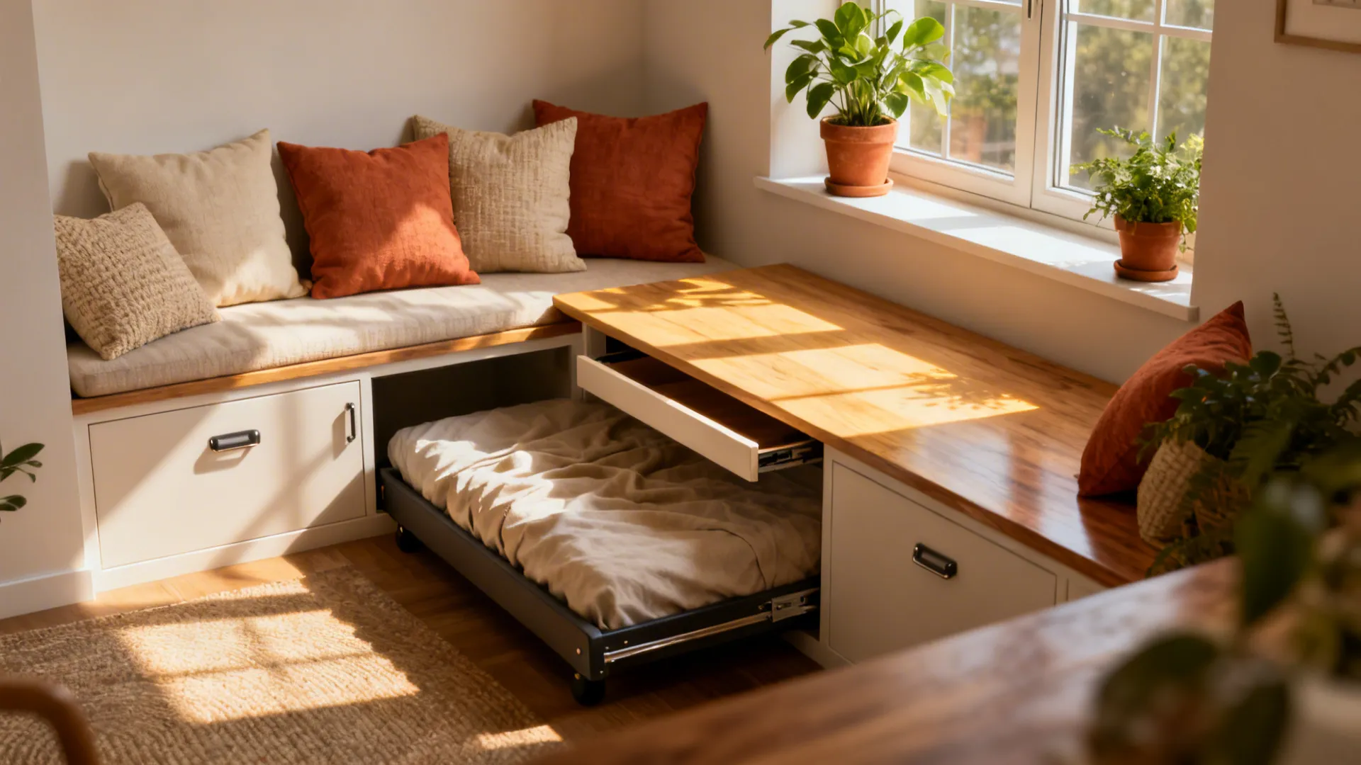 2. Built-in bench with storage and a pull-out desk