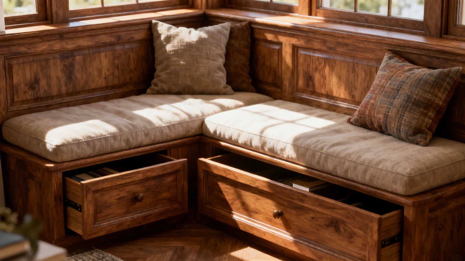 Wooden corner bench seat with pillows and open storage drawers located under large sunny windows