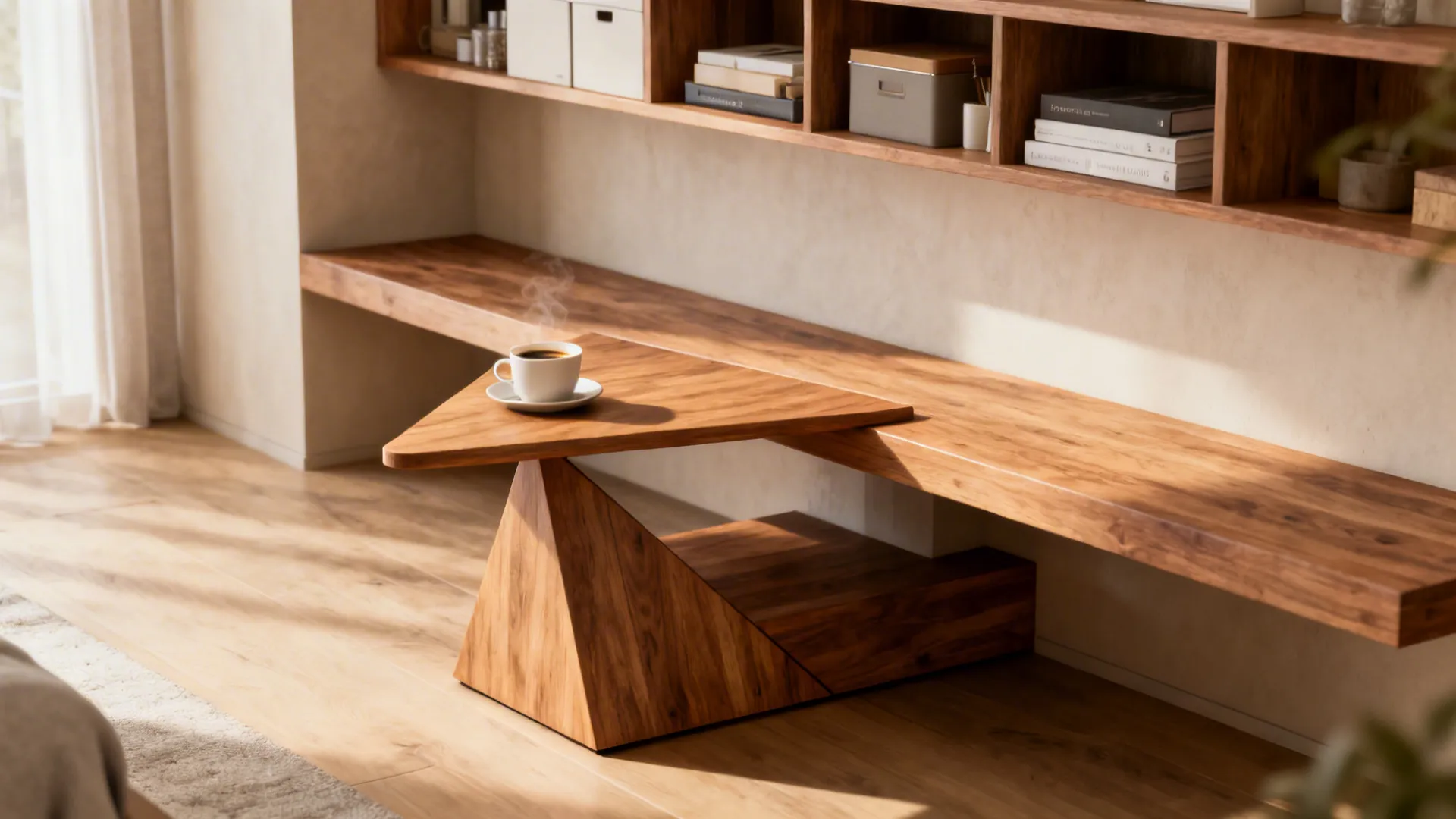 Custom triangular end table partially tucked under a floating bench, matching wood finish.
