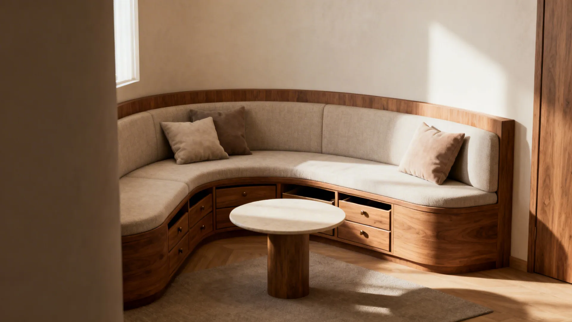 Corner built-in bench with storage paired with a small round table in a compact living room