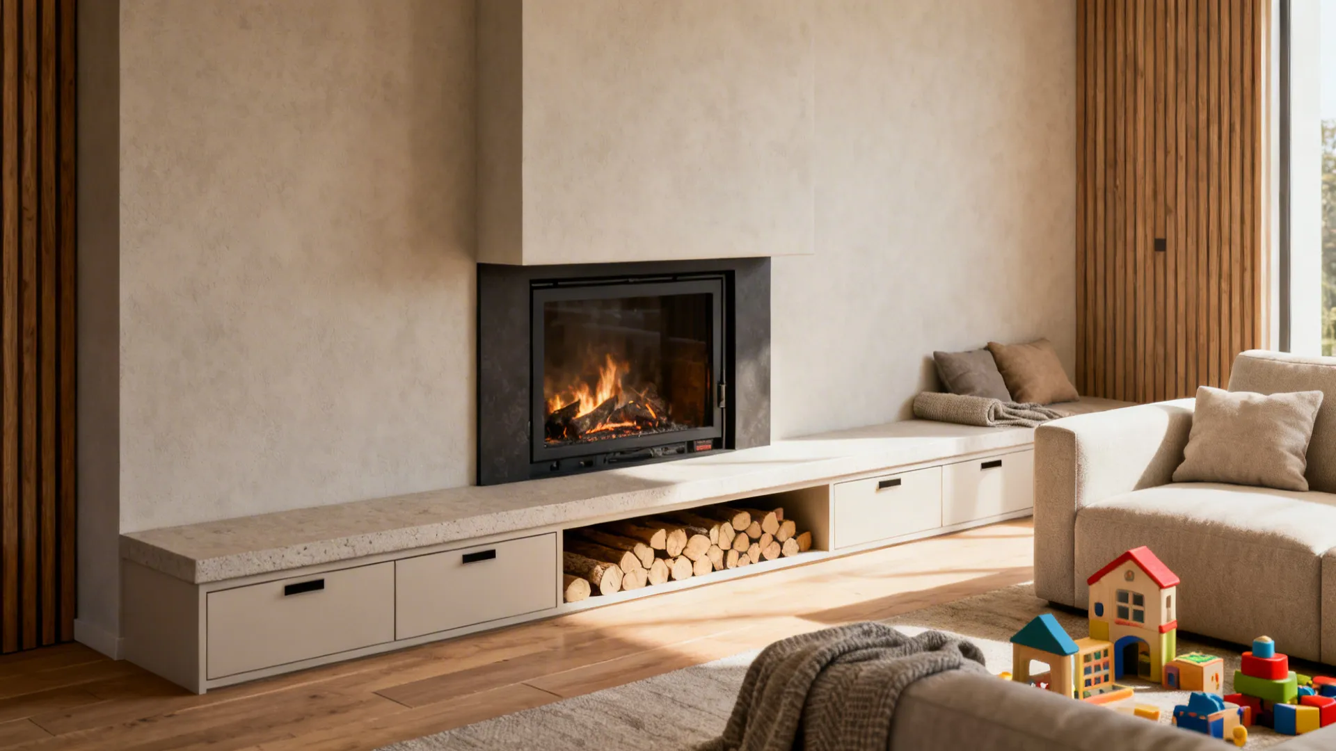 1. Built-in Bench Seating Around the Fireplace