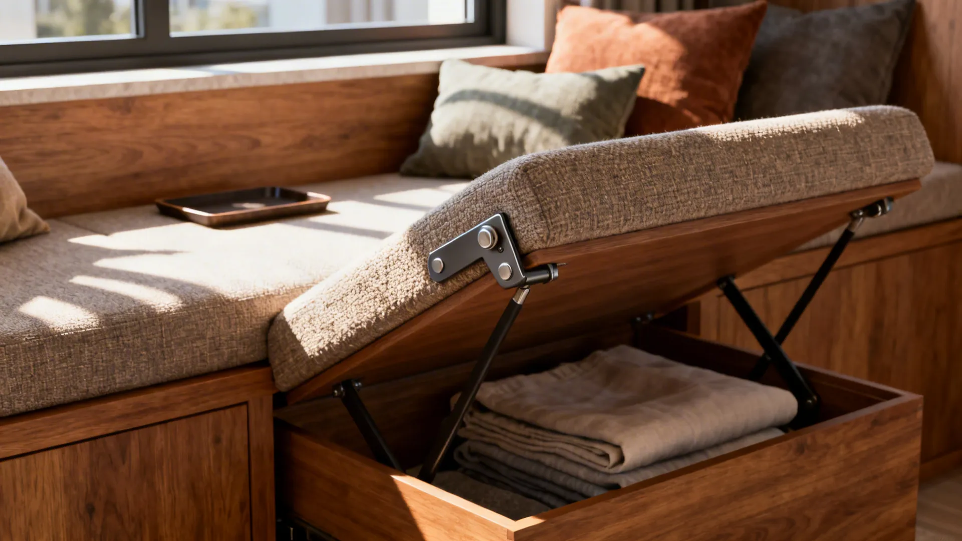 Wooden window seat with open storage space underneath showing folded blankets and soft fabric cushions