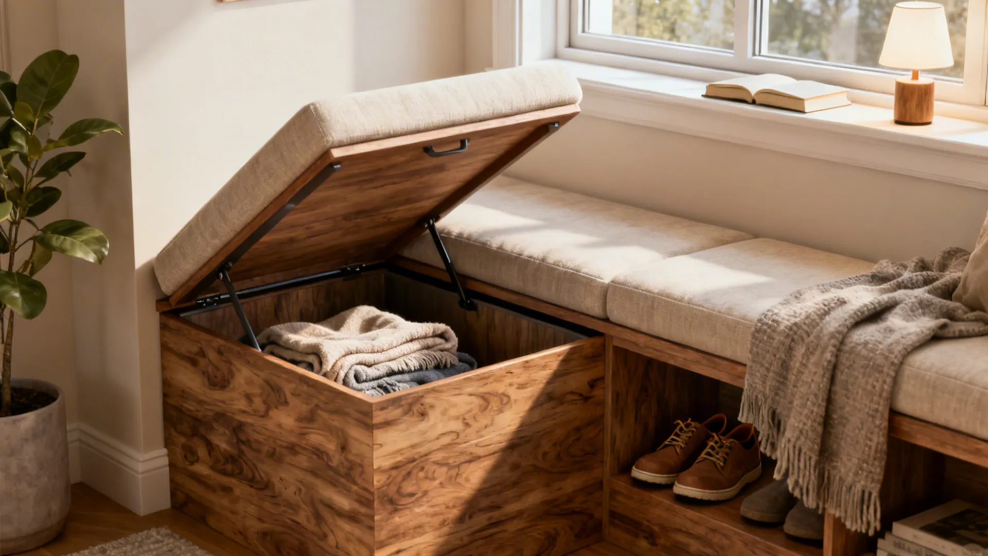 Built-in storage bench under a window with cushions and hidden blankets inside.