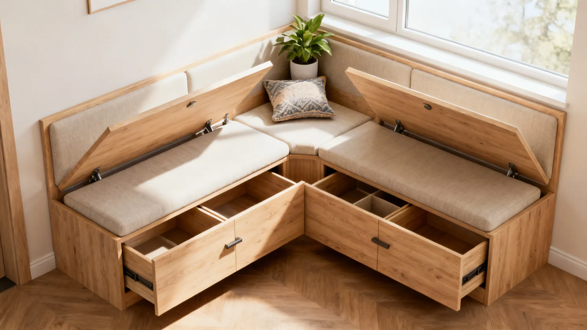 Built-in corner bench with hidden lift-up storage and drawers in a small living room.