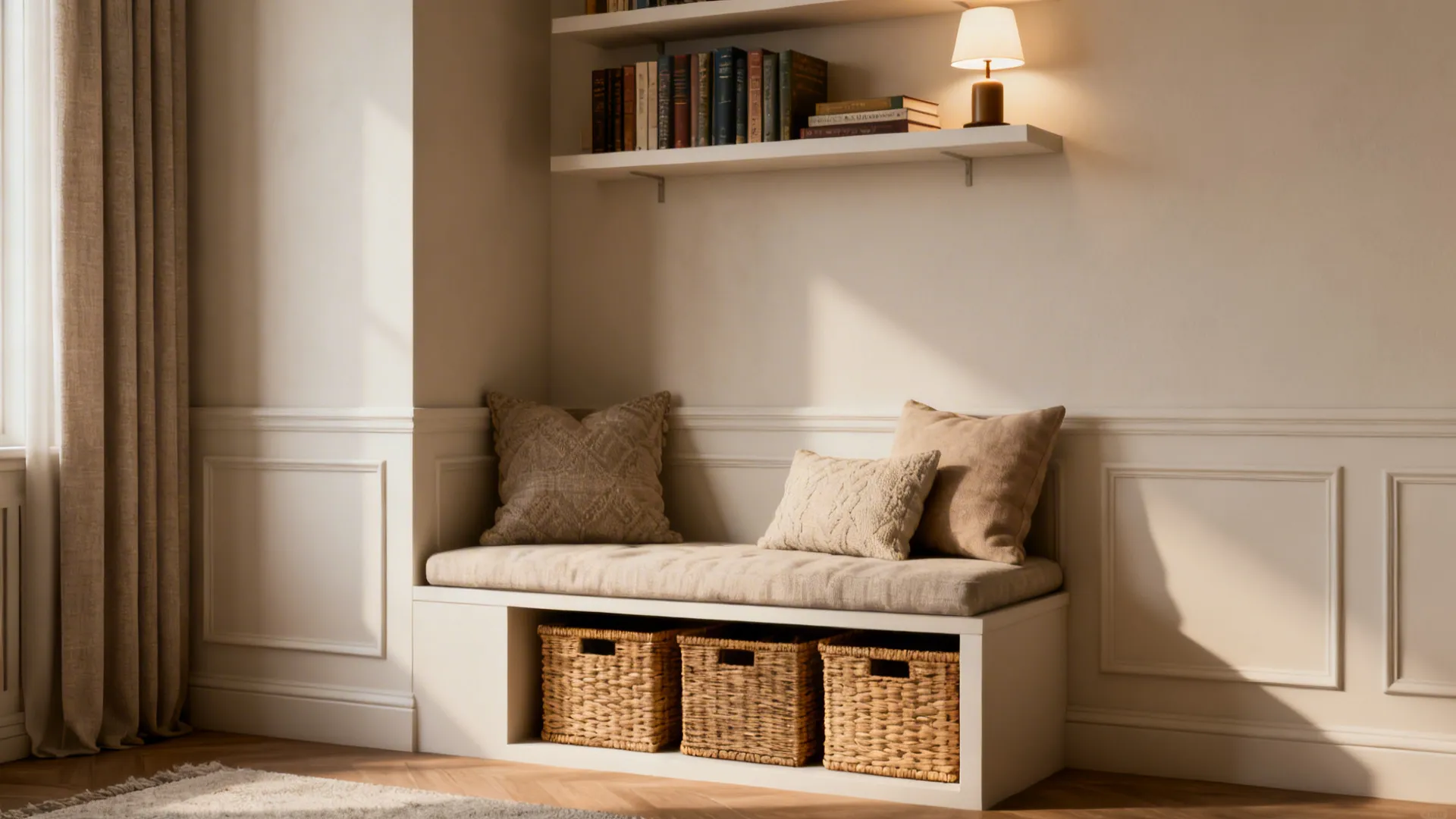 Built-in corner bench with cushions and under-bench baskets