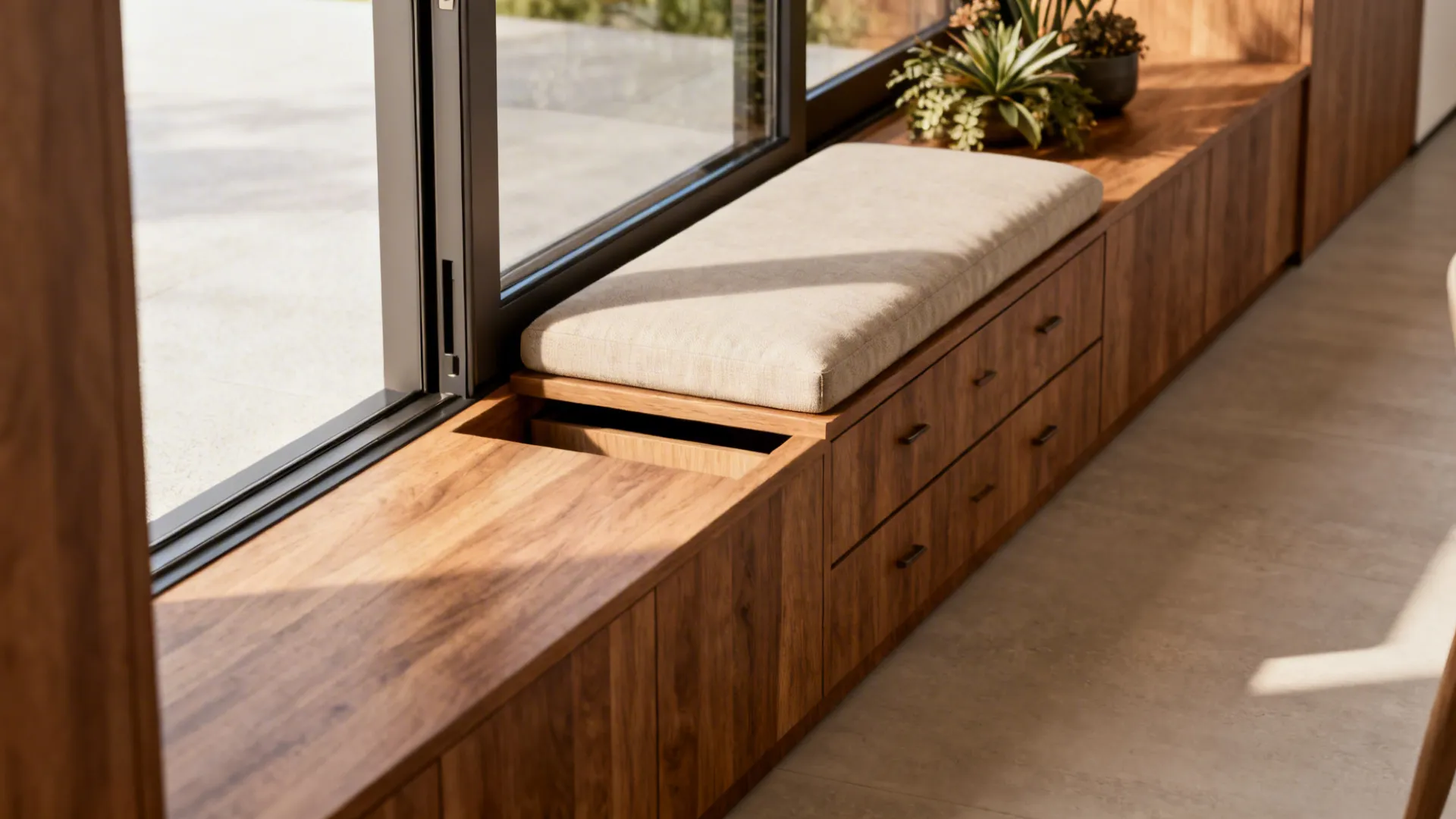 Custom wooden window bench with seat cushion and storage drawers in a bright modern sunroom area