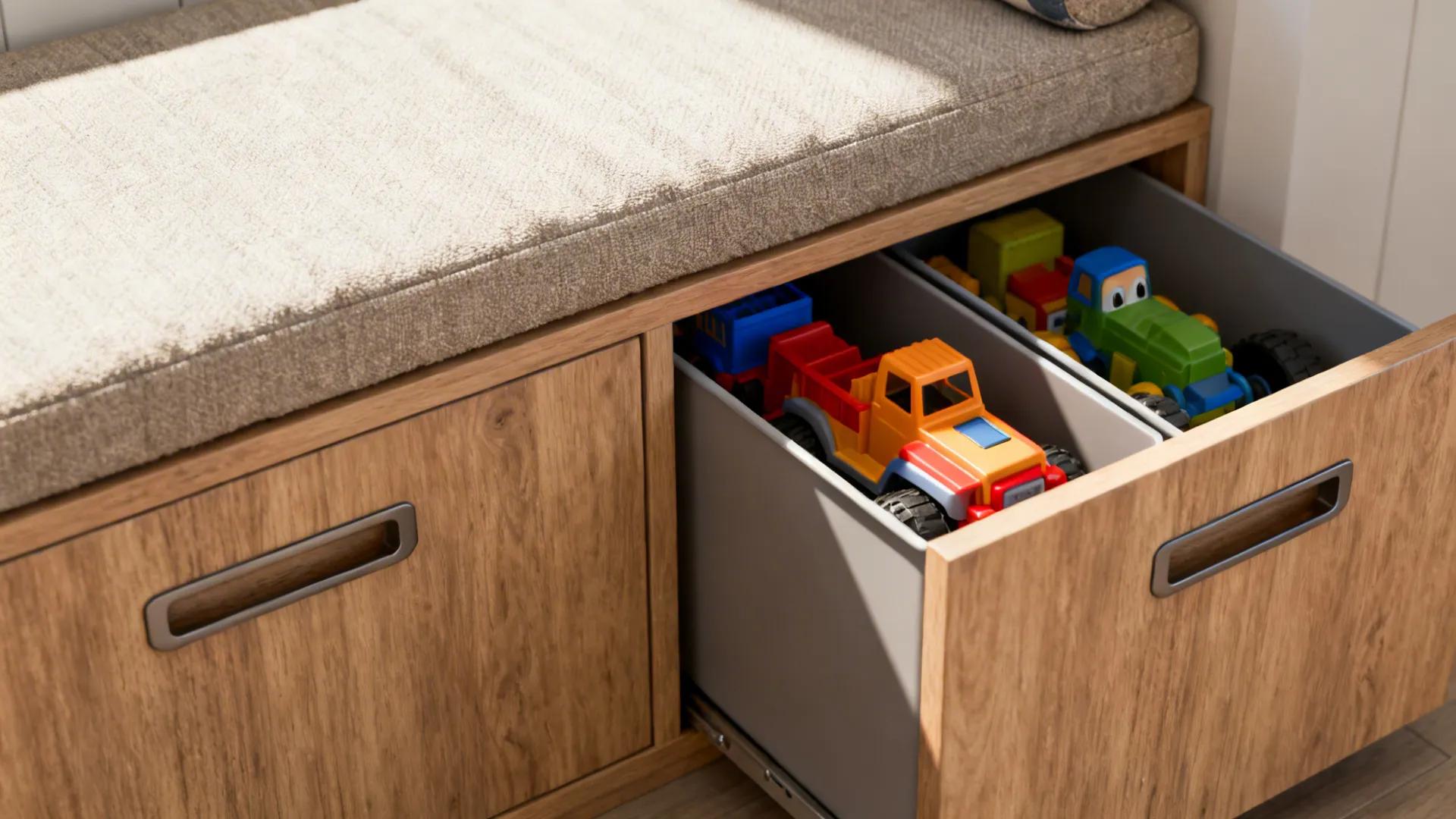 Built-in bench with hidden slide-out storage bins under a cushion in neutral tones