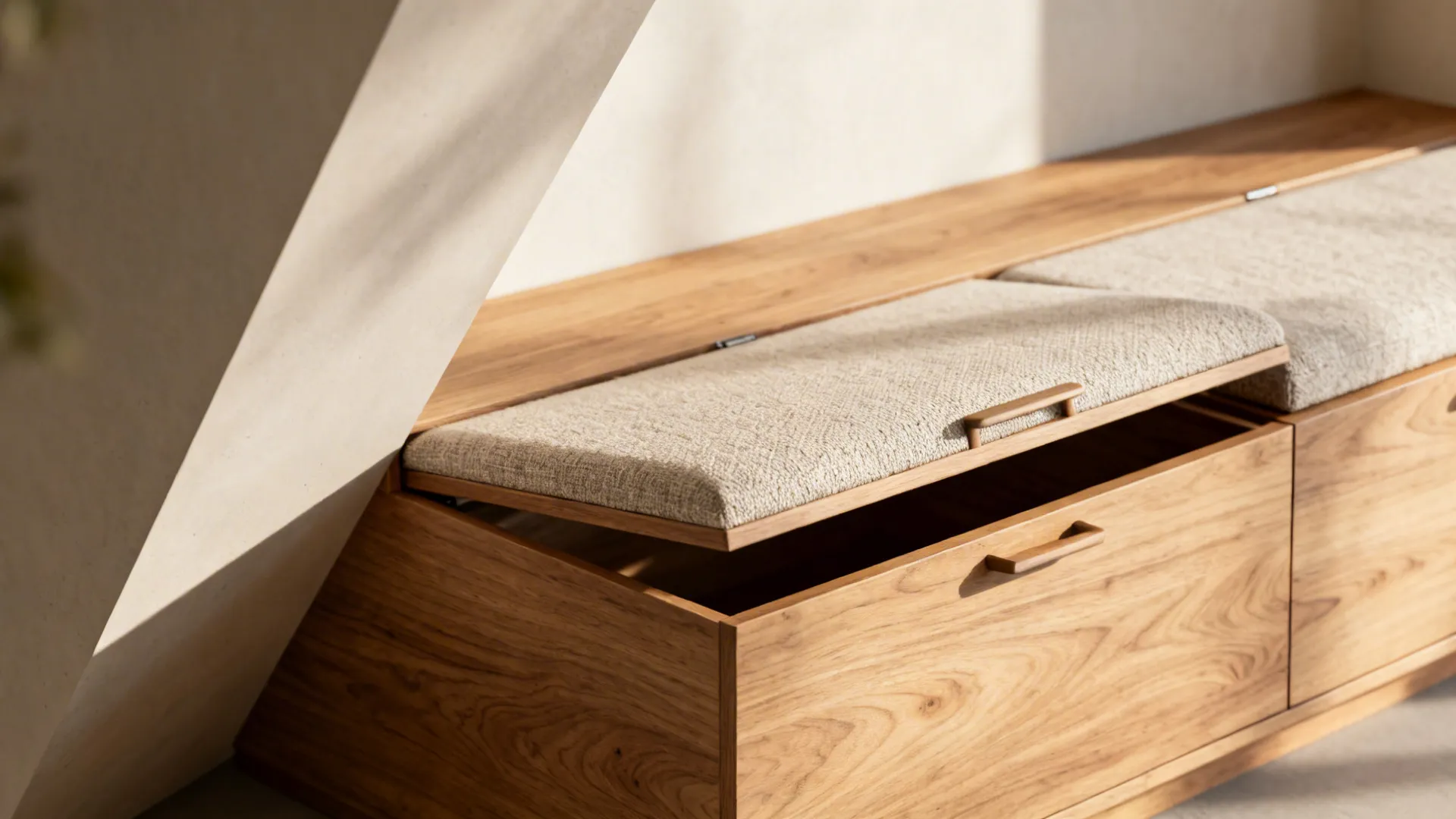 Close-up of a low built-in bench with lift-up storage and textured cushion along an angled wall.