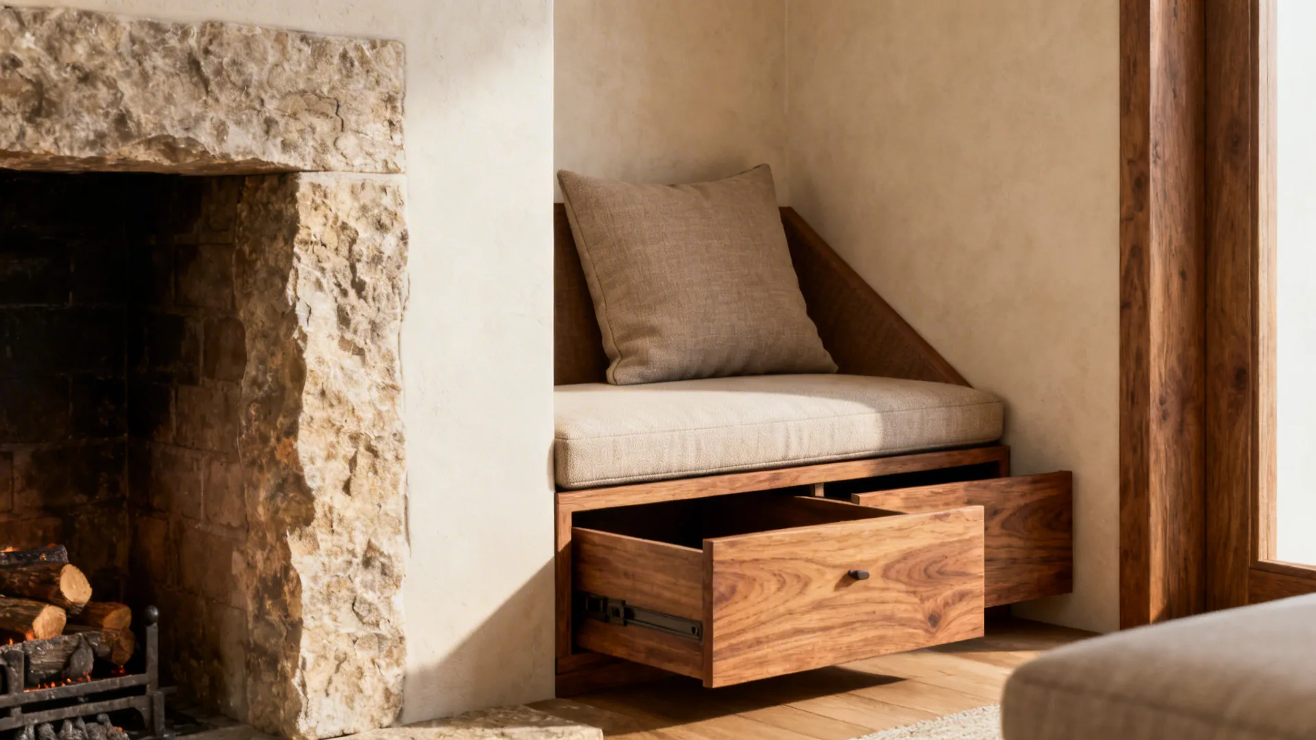 1. Built-in Bench Seating Around the Fireplace