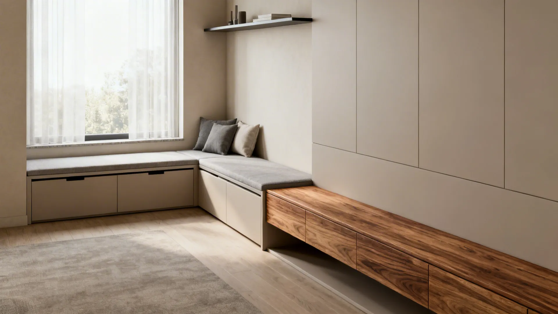 Compact living room with a low built-in bench under the window providing seating and hidden storage.