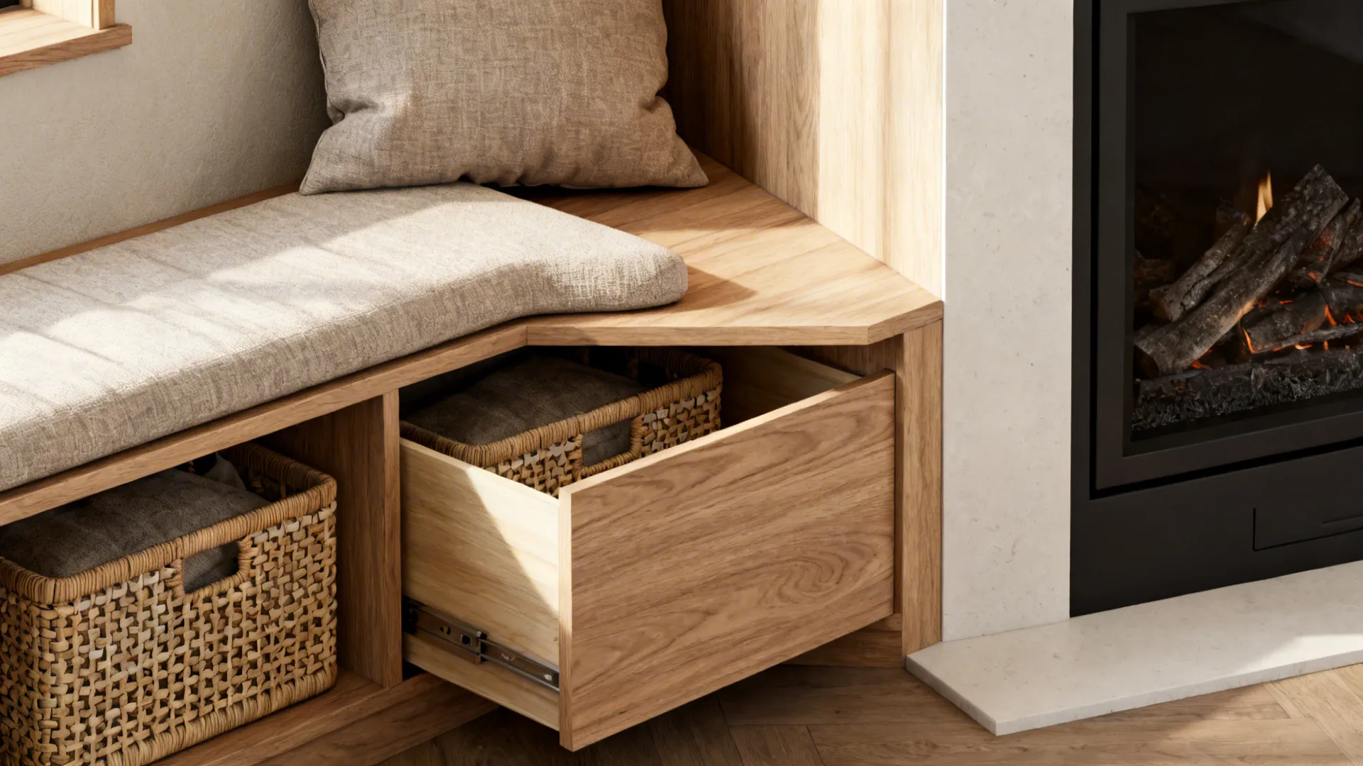 Low built-in bench with storage next to a corner fireplace, wooden finish and cushions