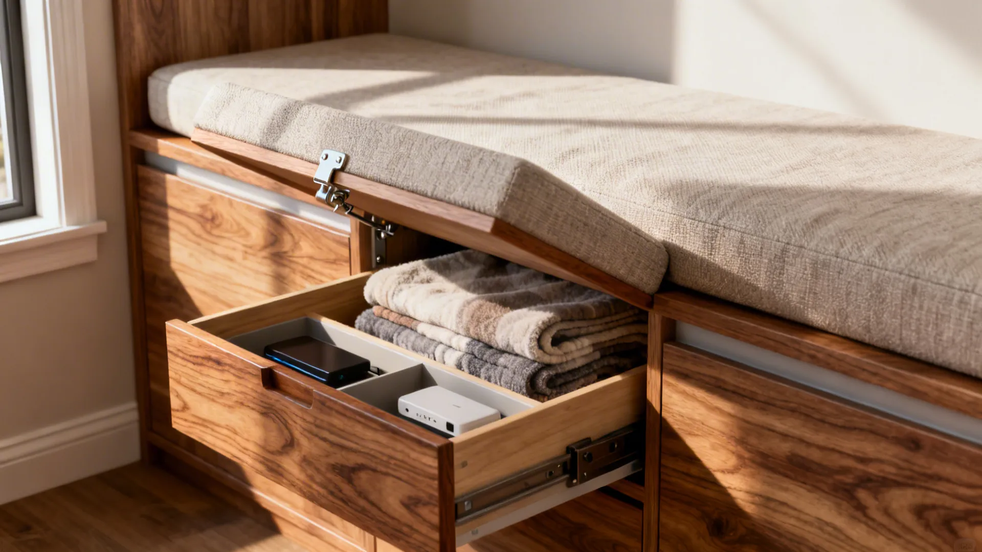 Built-in bench with thin cushion and lift-up storage holding blankets and drawers