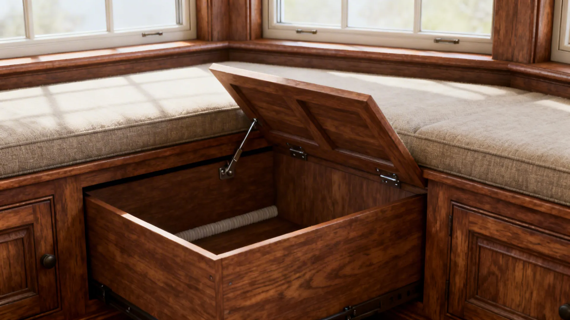 Close up of a wooden window bench showing an open storage space with soft seating cushions