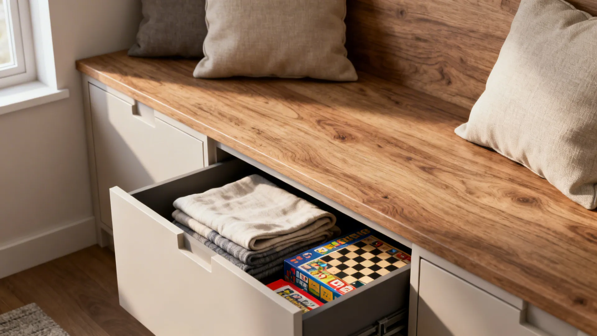 Built-in wooden bench with open storage drawer containing folded clothes, games, and soft decorative pillows