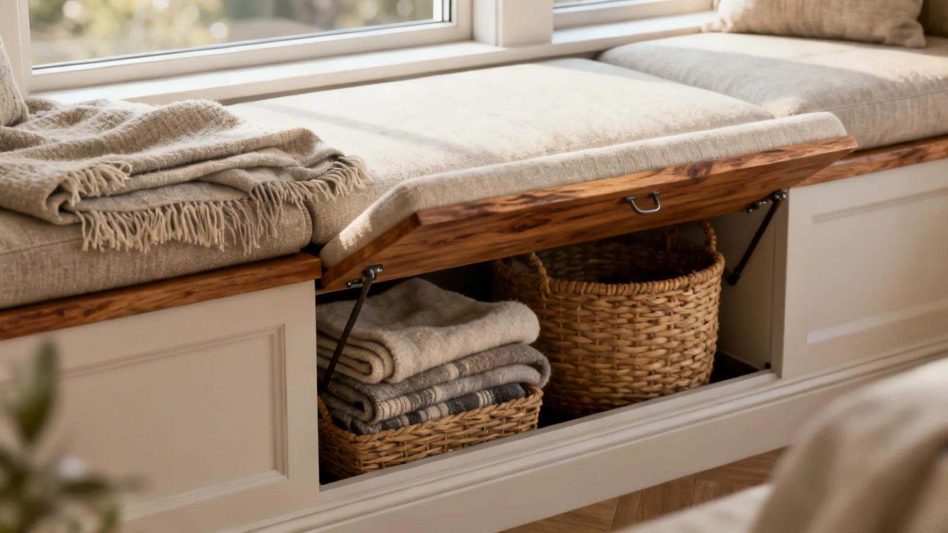 Built-in window bench with cushions and hidden storage revealed, cozy neutral fabrics.