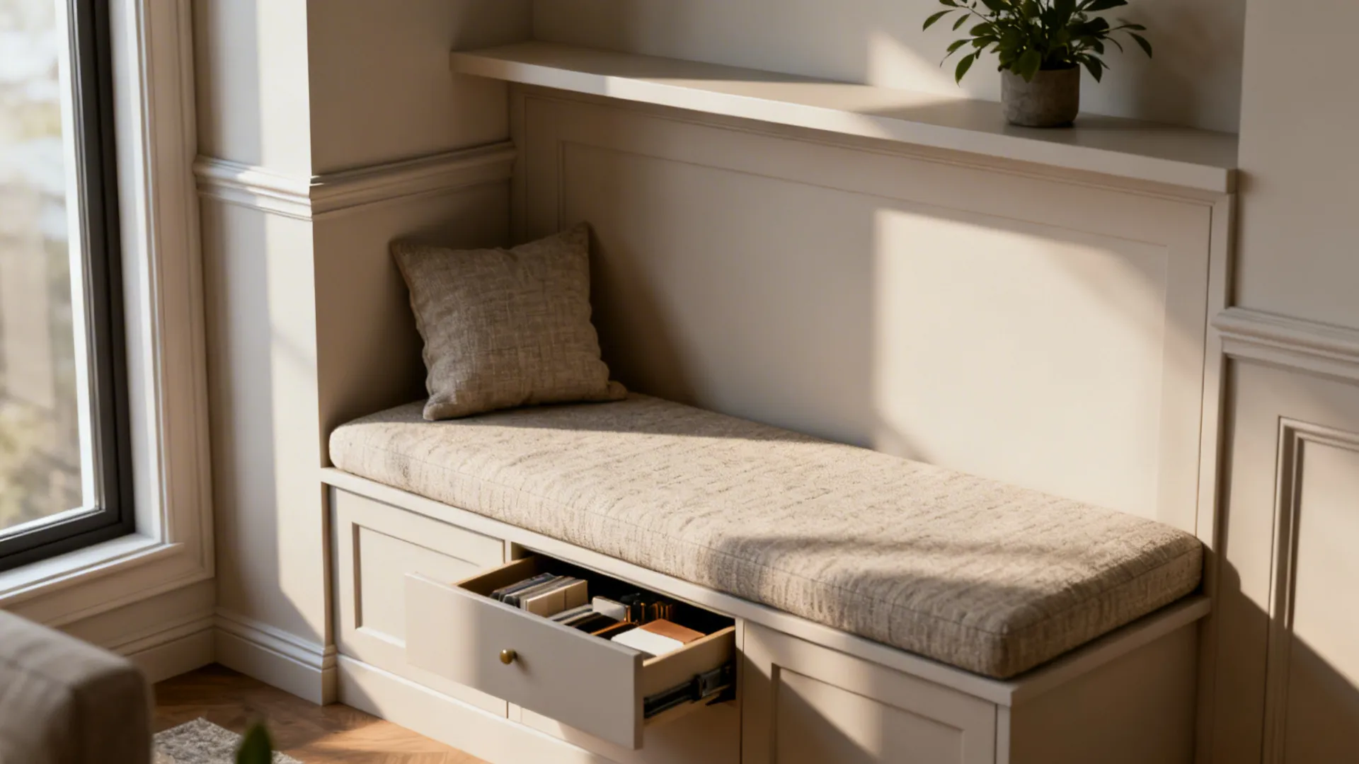 Custom window seat with cushion pillow and open storage drawer containing various items for home organization