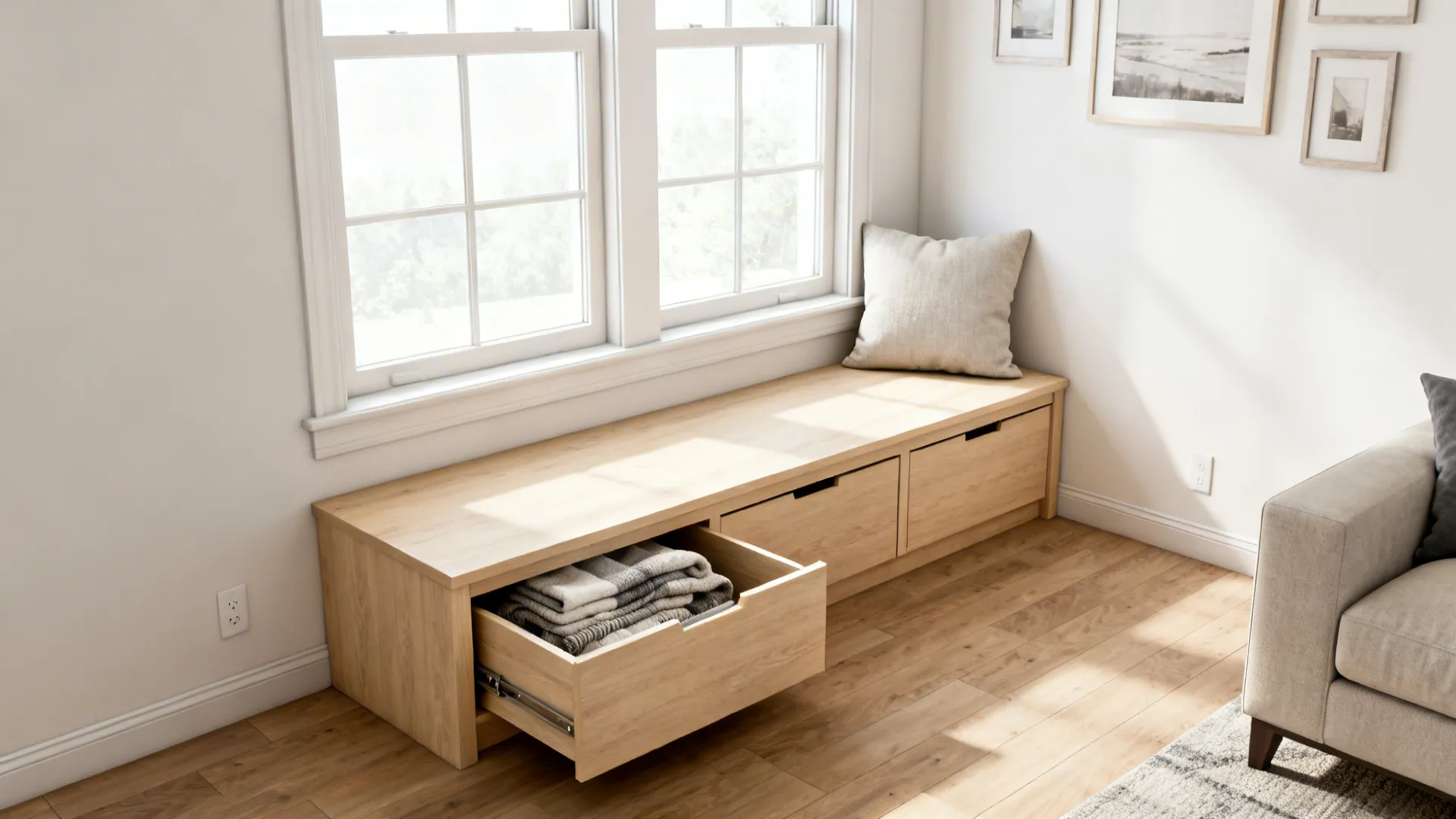 Wooden window bench with storage drawers, open drawer showing blankets, beige pillow, and natural light