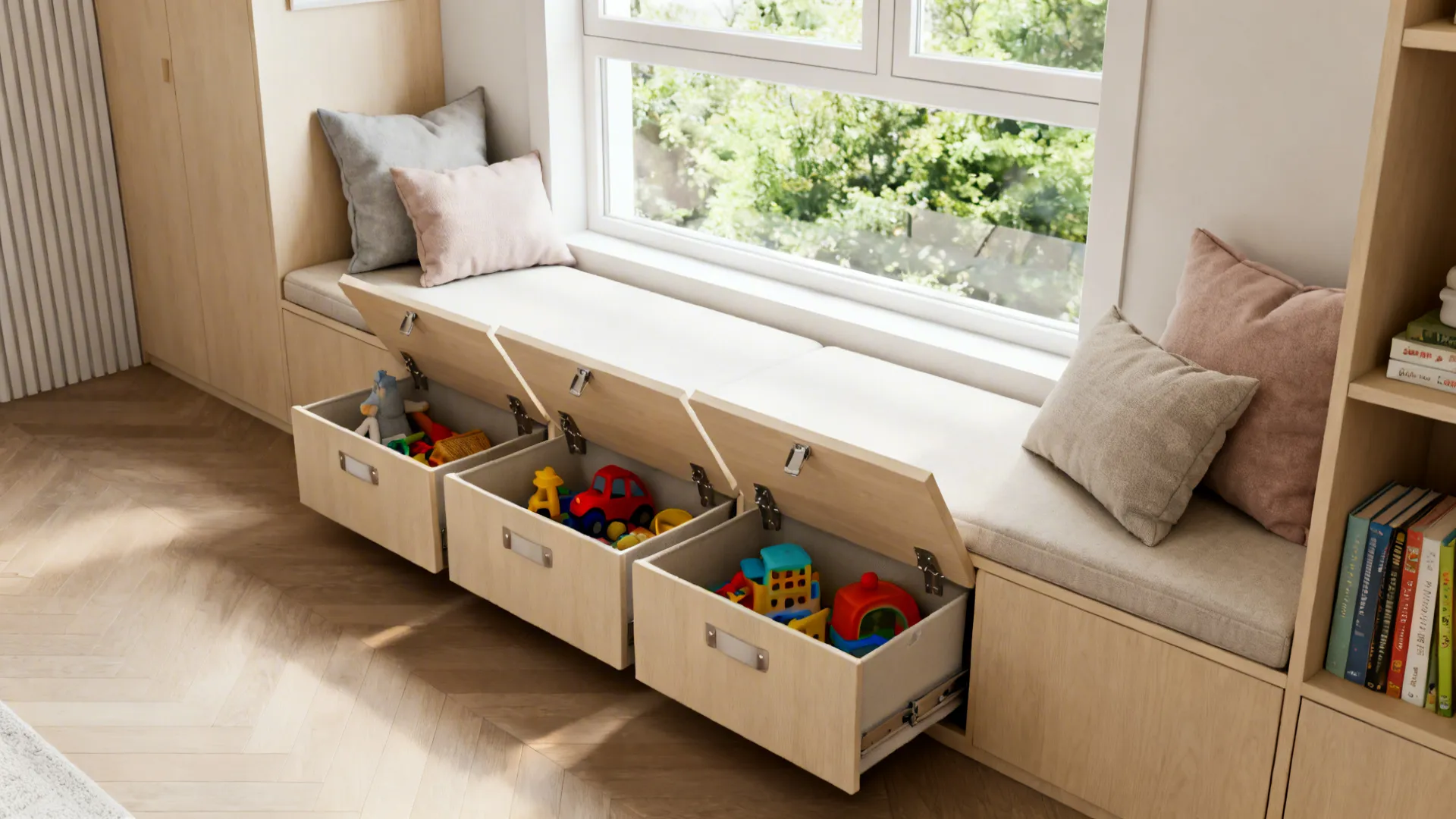 Window bench with hinged toy storage lids, soft cushions and child-safe hardware in a cozy alcove.