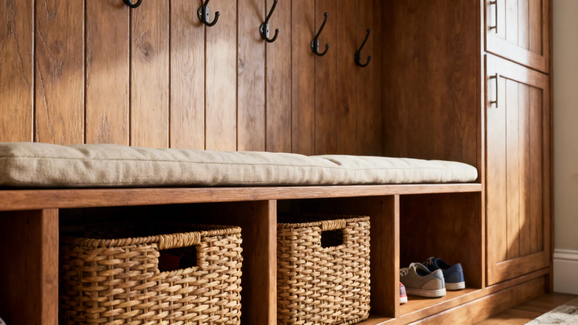 Built-in entry bench with storage baskets and a cushioned seat near the front door.