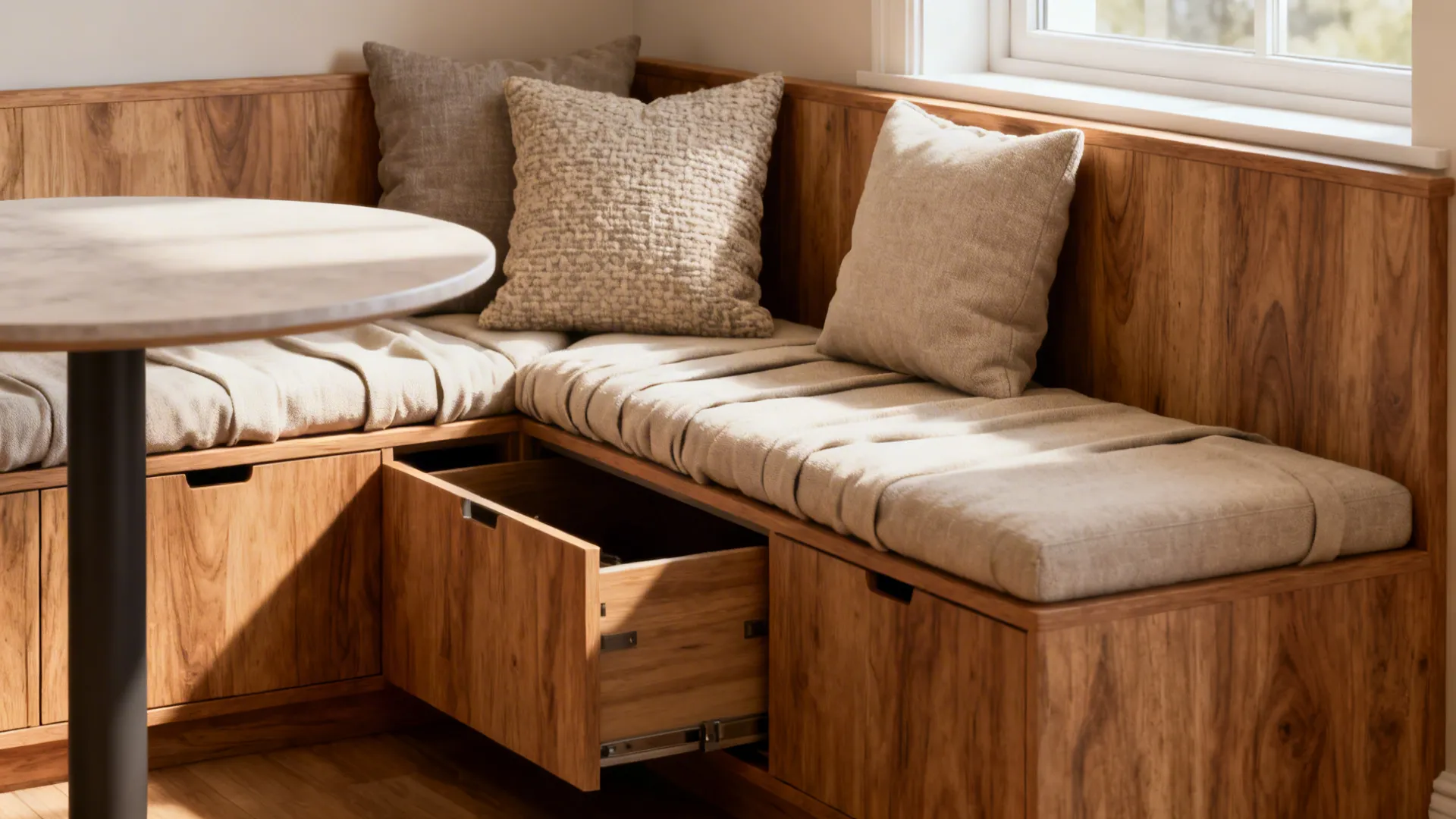 Corner built-in bench with hidden storage and neutral cushions beside a small dining table.