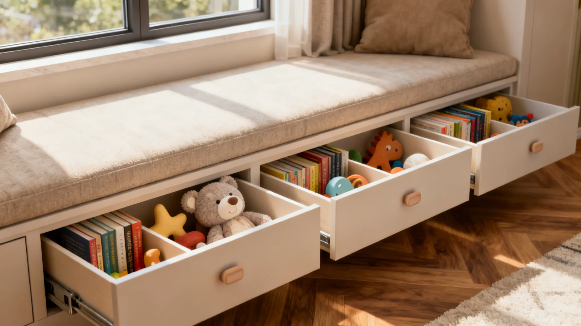 Built-in window bench with hidden drawers storing books and plush toys.