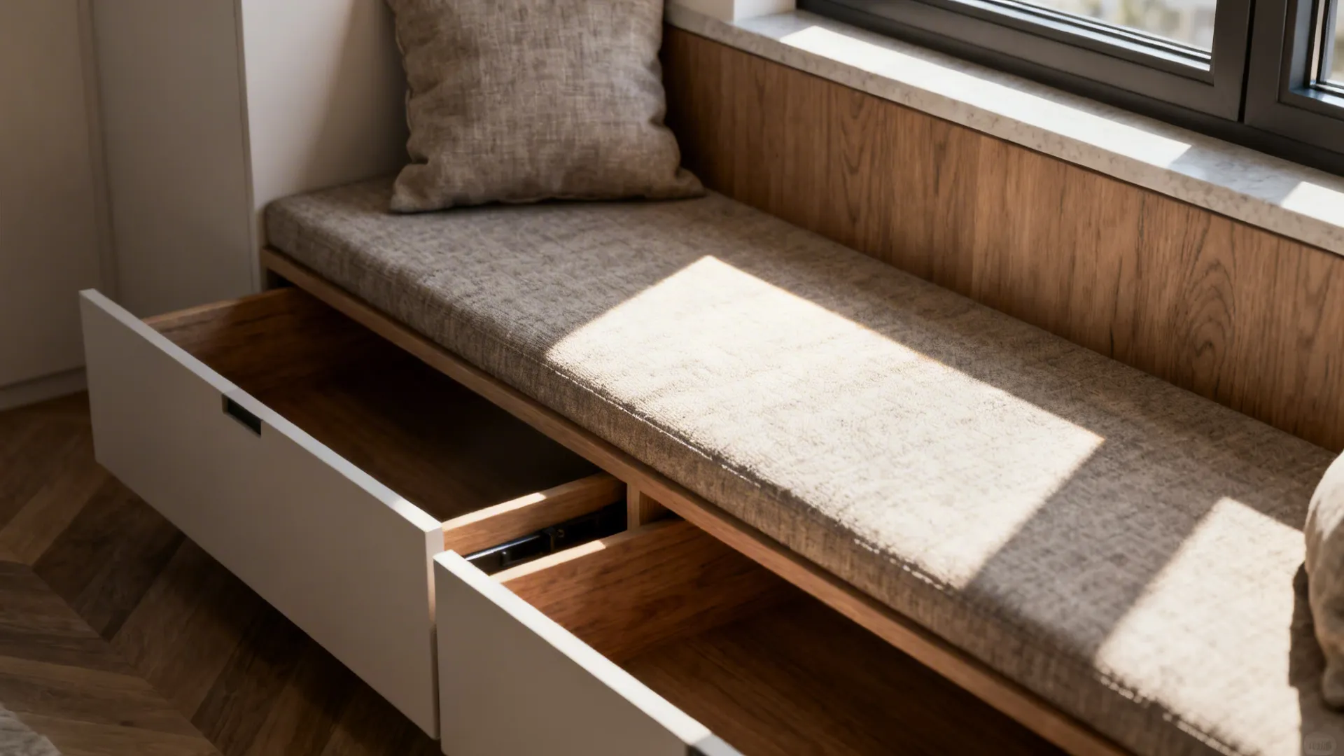 Built-in shallow bench with cushions and hidden storage under a window in a small living room.