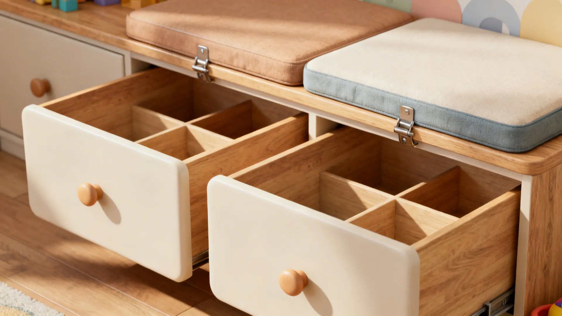 2. Built-in storage bench along a wall