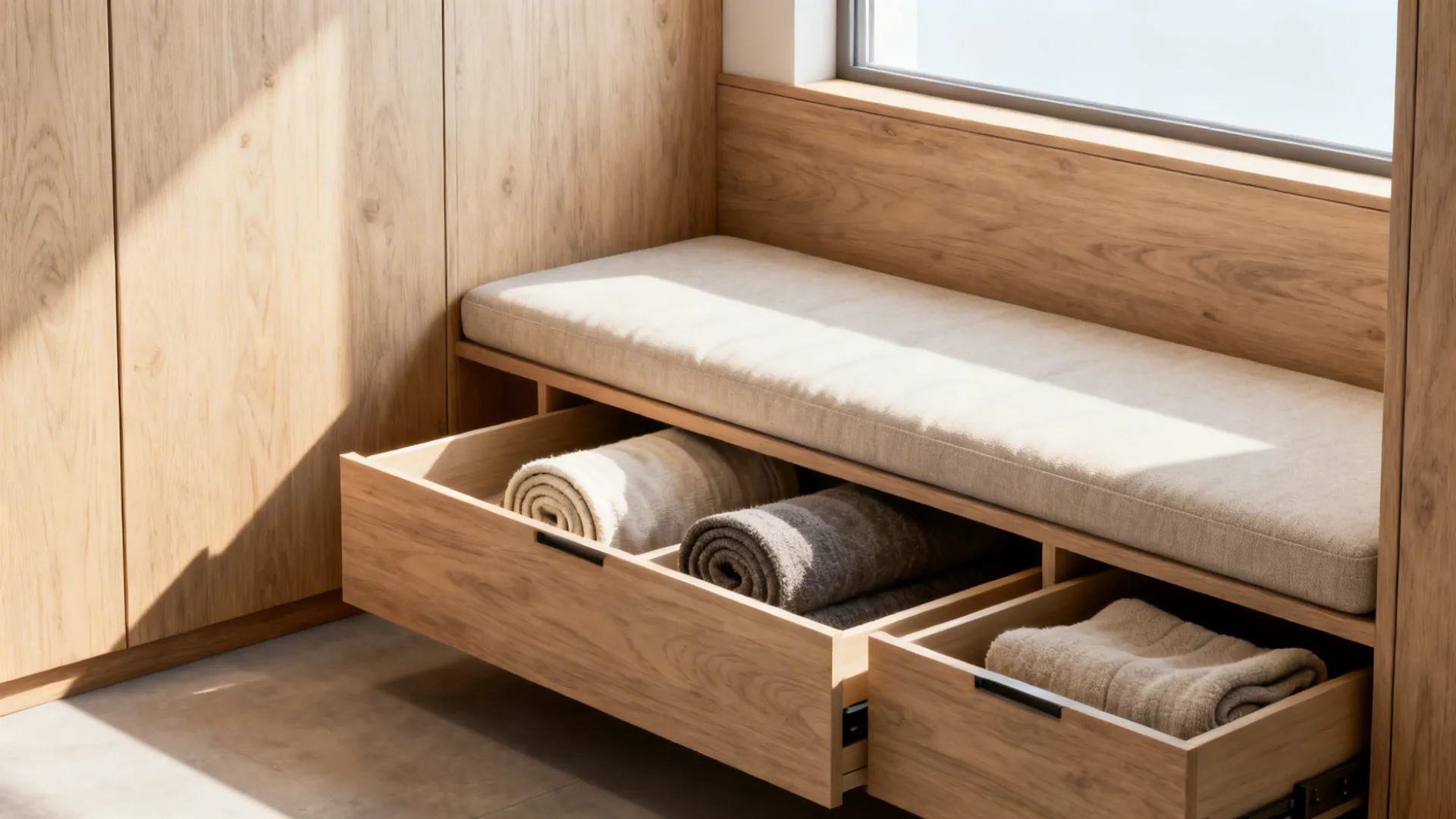 Custom built-in bench with shallow drawers storing blankets, tidy and practical.