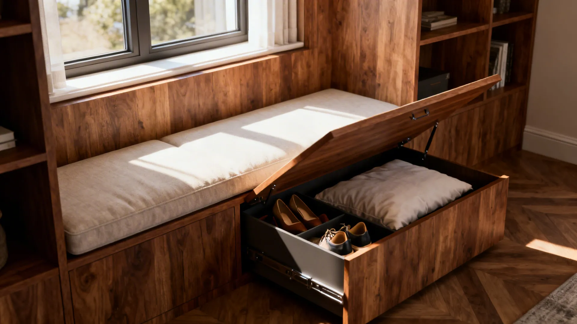 Built-in window bench with hidden storage and cushioned seat