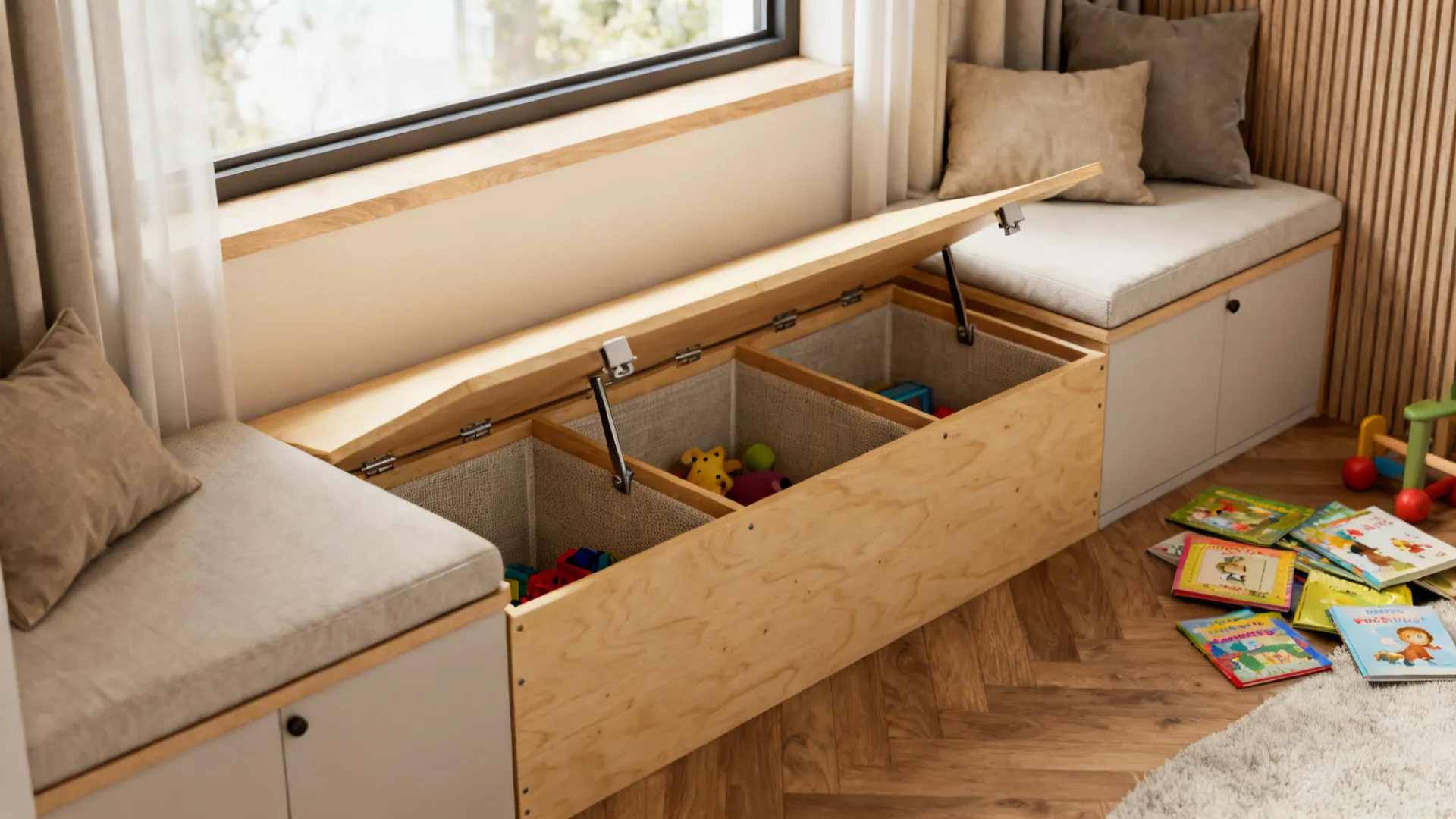 Wooden window seat with open storage lid showing children toys and books on wooden floor