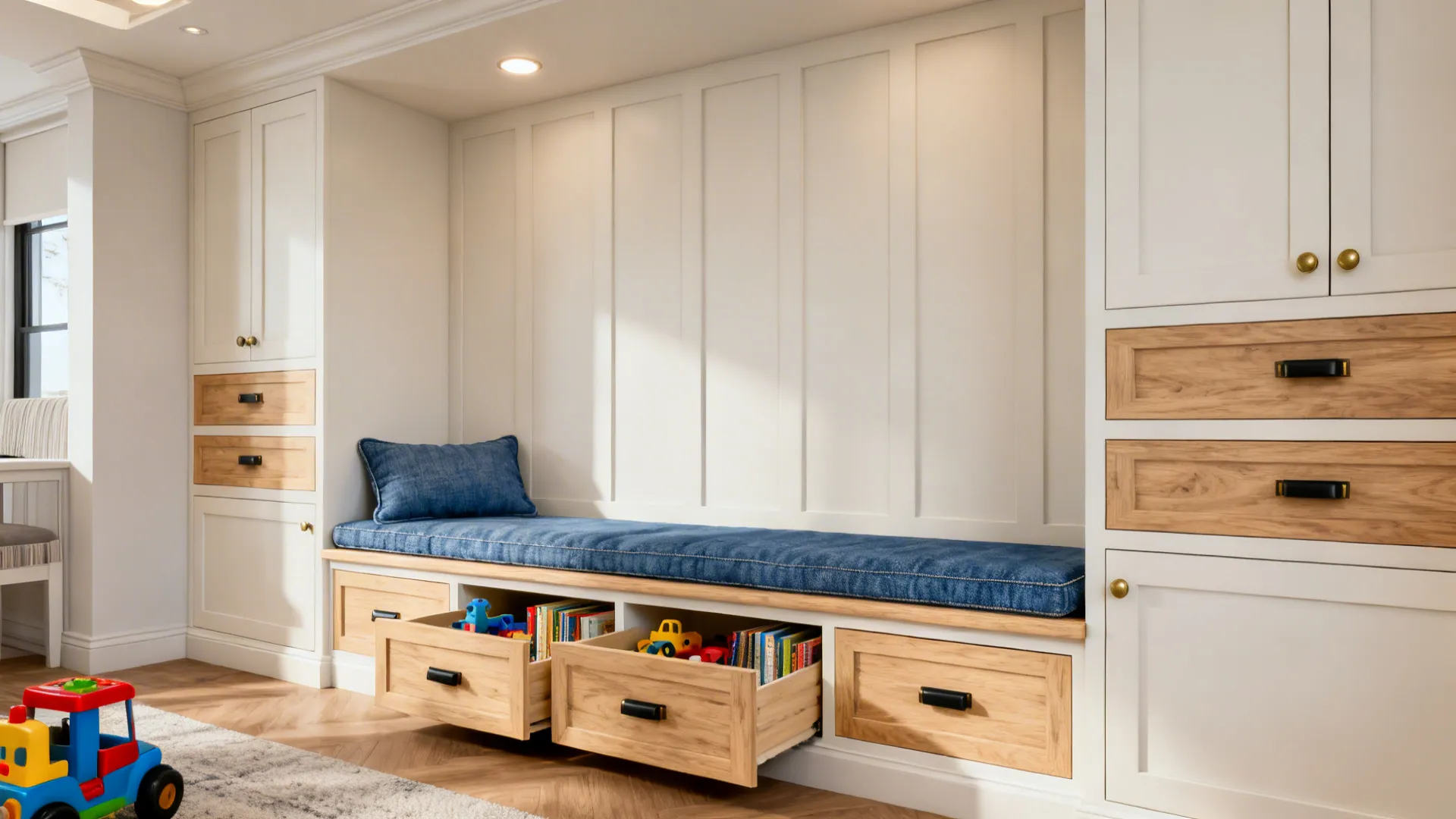 Built-in bench with under-seat drawers and a washable cushion creating a cozy family reading corner.