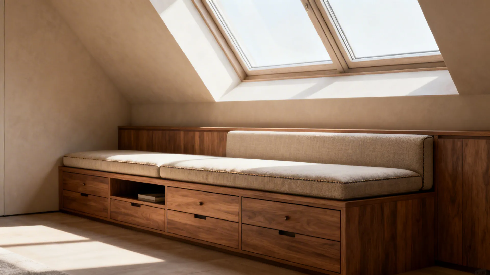 Built-in window bench with sofa cushion and storage drawers beneath in a sloped window alcove