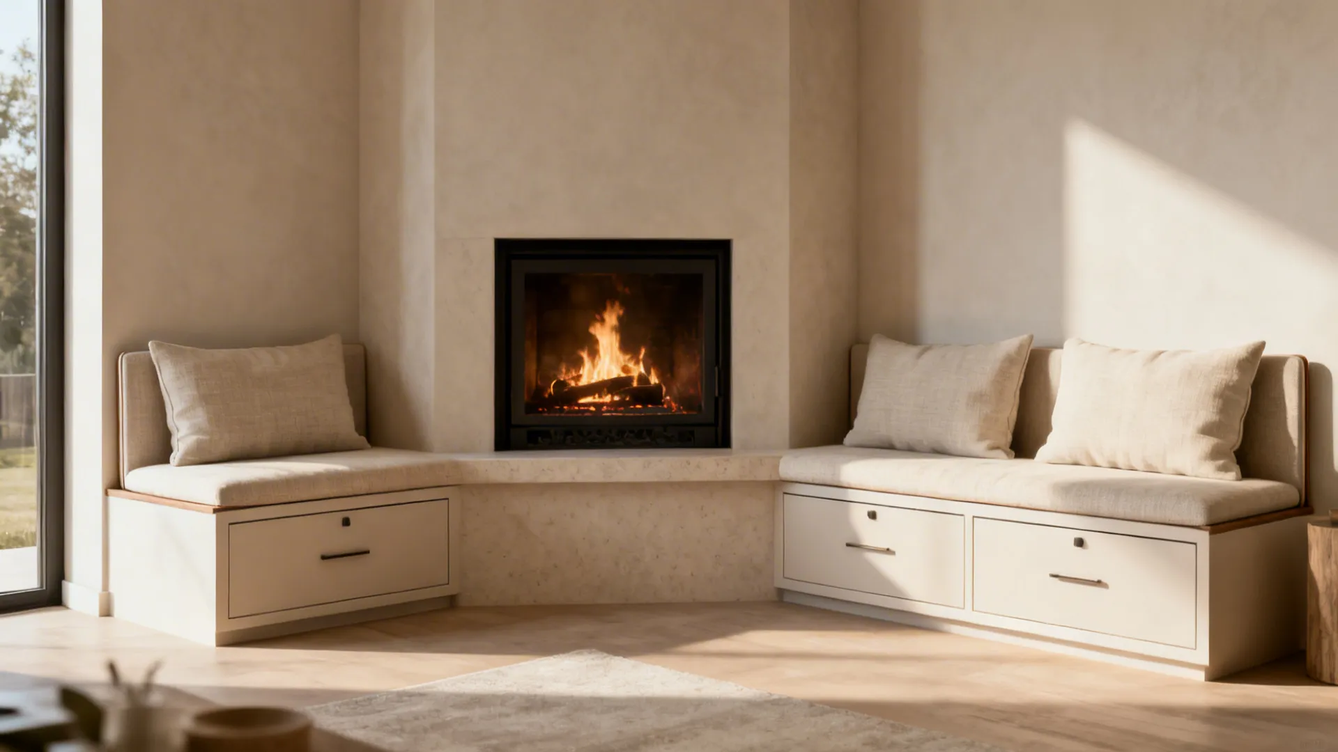 Corner fireplace with a wraparound built-in bench and storage drawers in a small living room