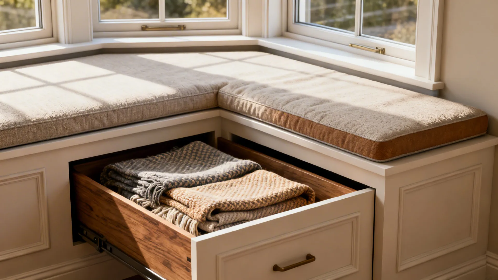 Close-up of a built-in bench with storage drawers and cushions under a bay window