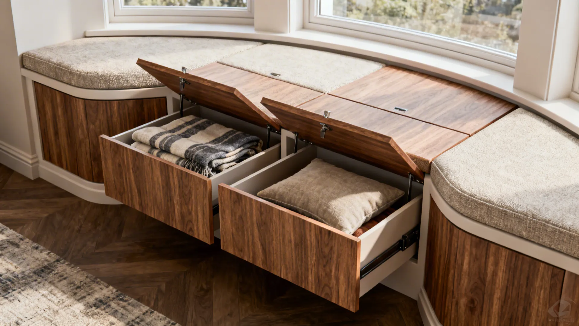 Close-up of a curved built-in bench with hidden storage drawers and lift-up lids under a bay window.