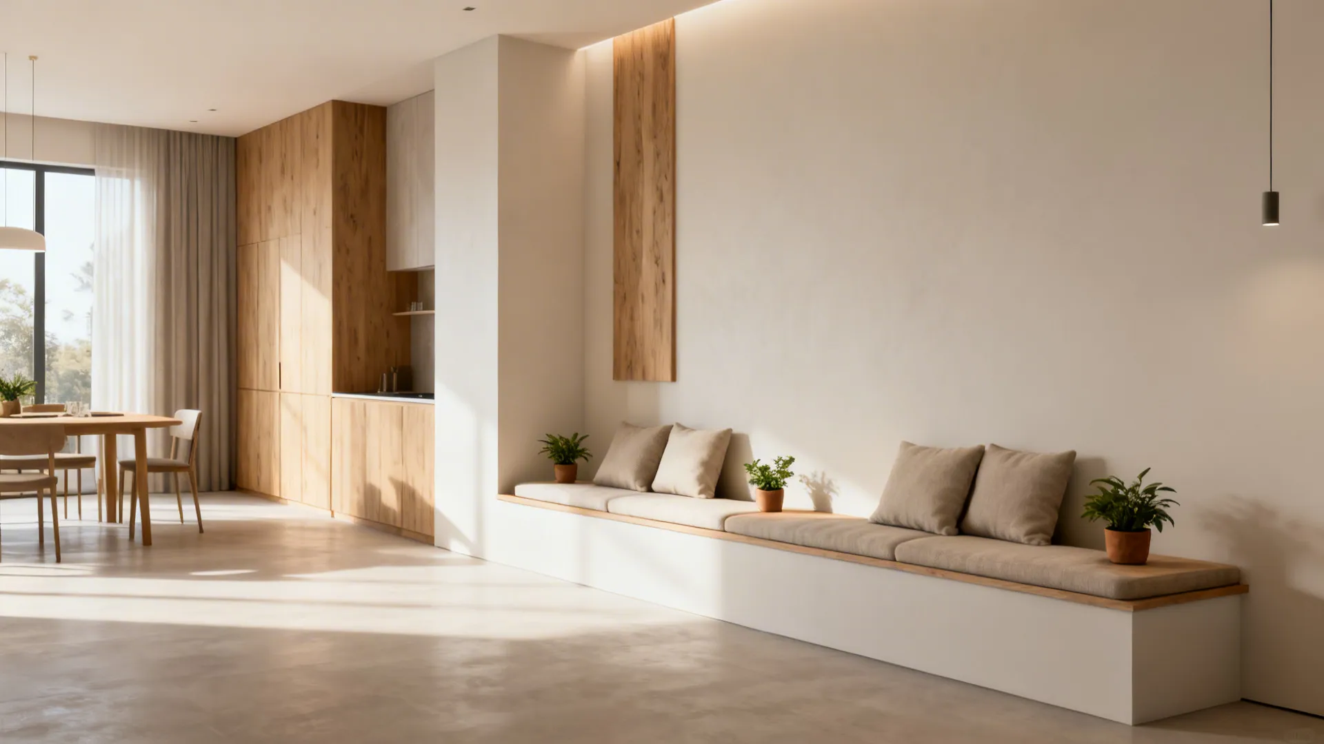 Long built in wall bench with beige cushions small potted plants and wooden dining area