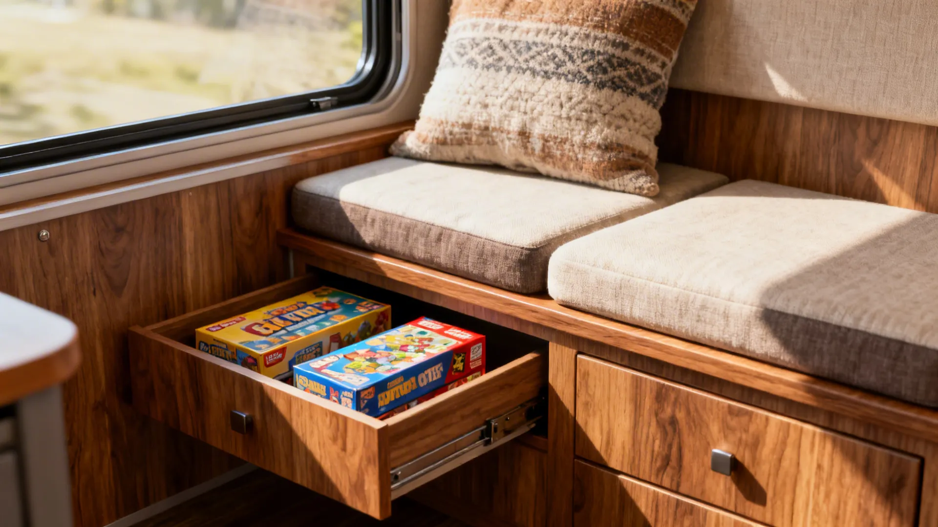 Built-in window bench with hidden storage drawers and removable cushions in a mobile home.