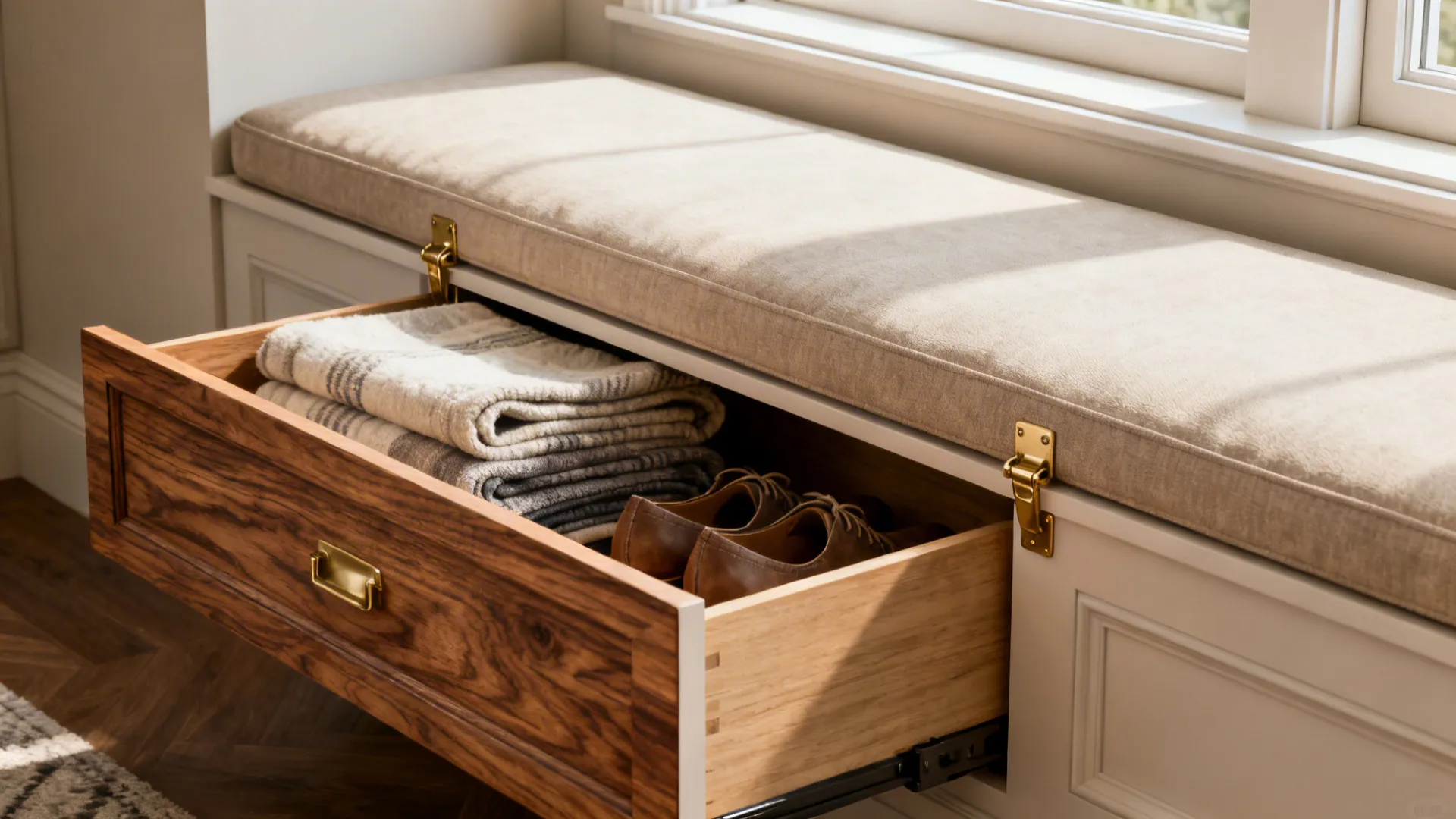 Close-up of a lift-up window bench with storage showing blankets and shoes inside.