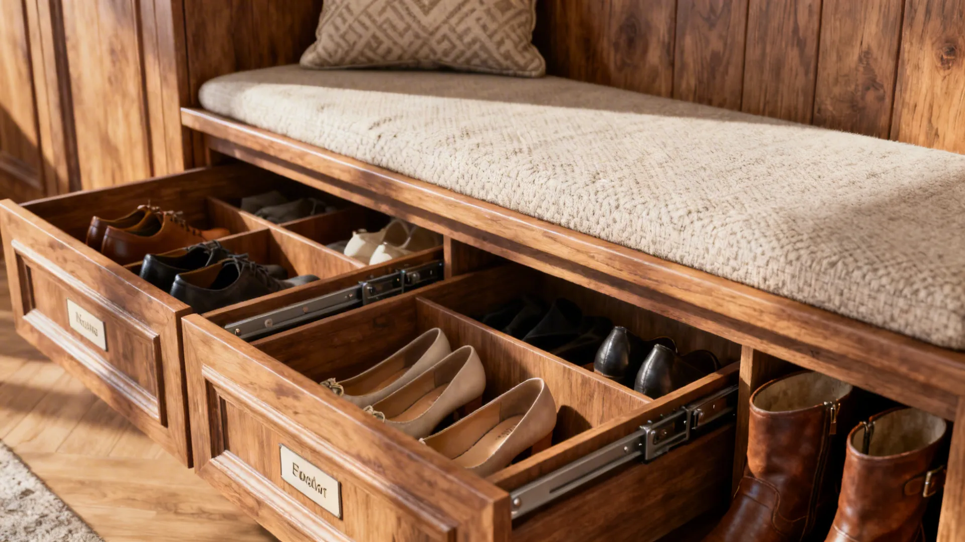 Built-in bench with deep concealed drawers storing boots and flats neatly.