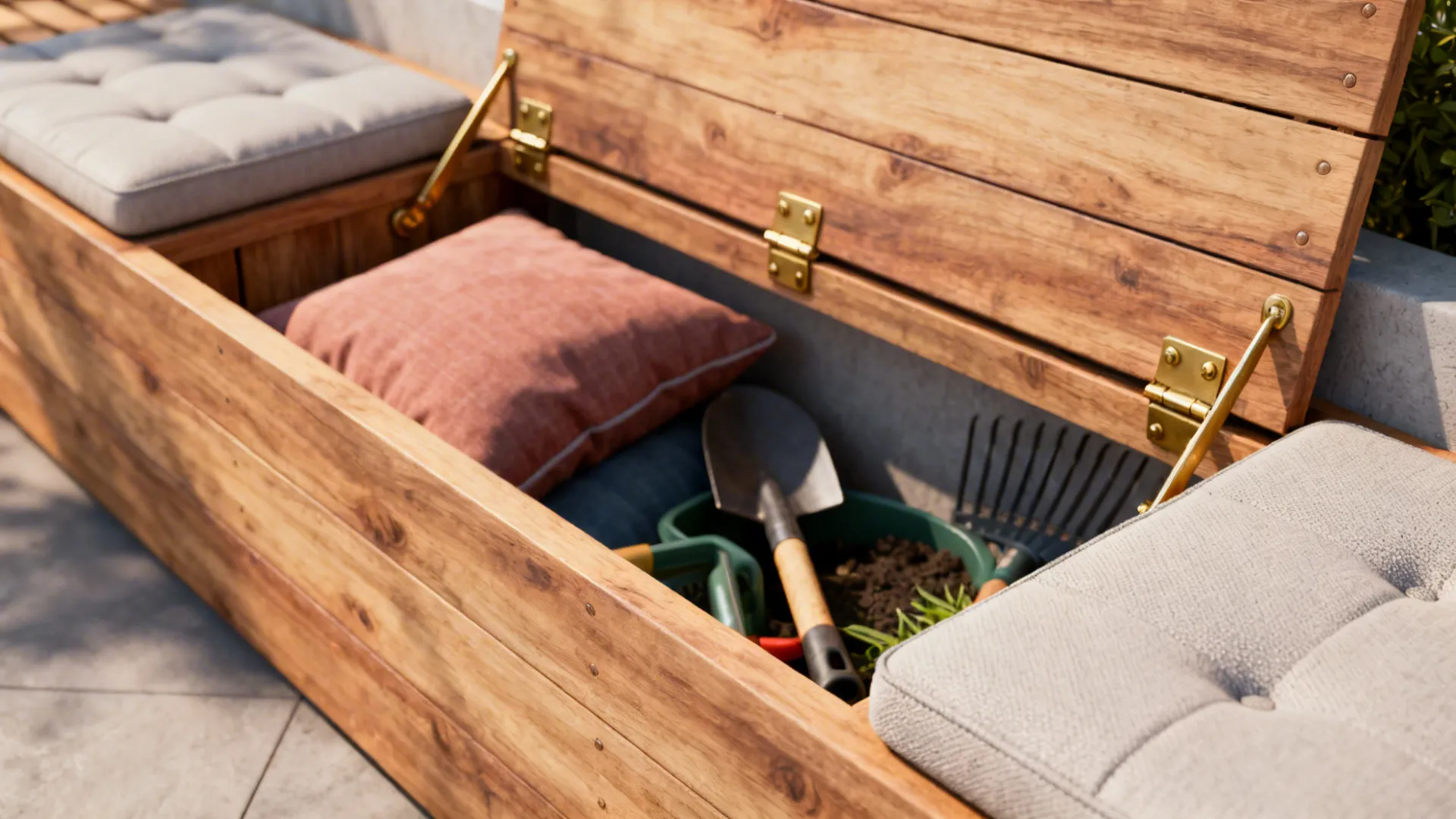 Open wooden storage bench containing garden tools like shovel rake and soft pillows on patio